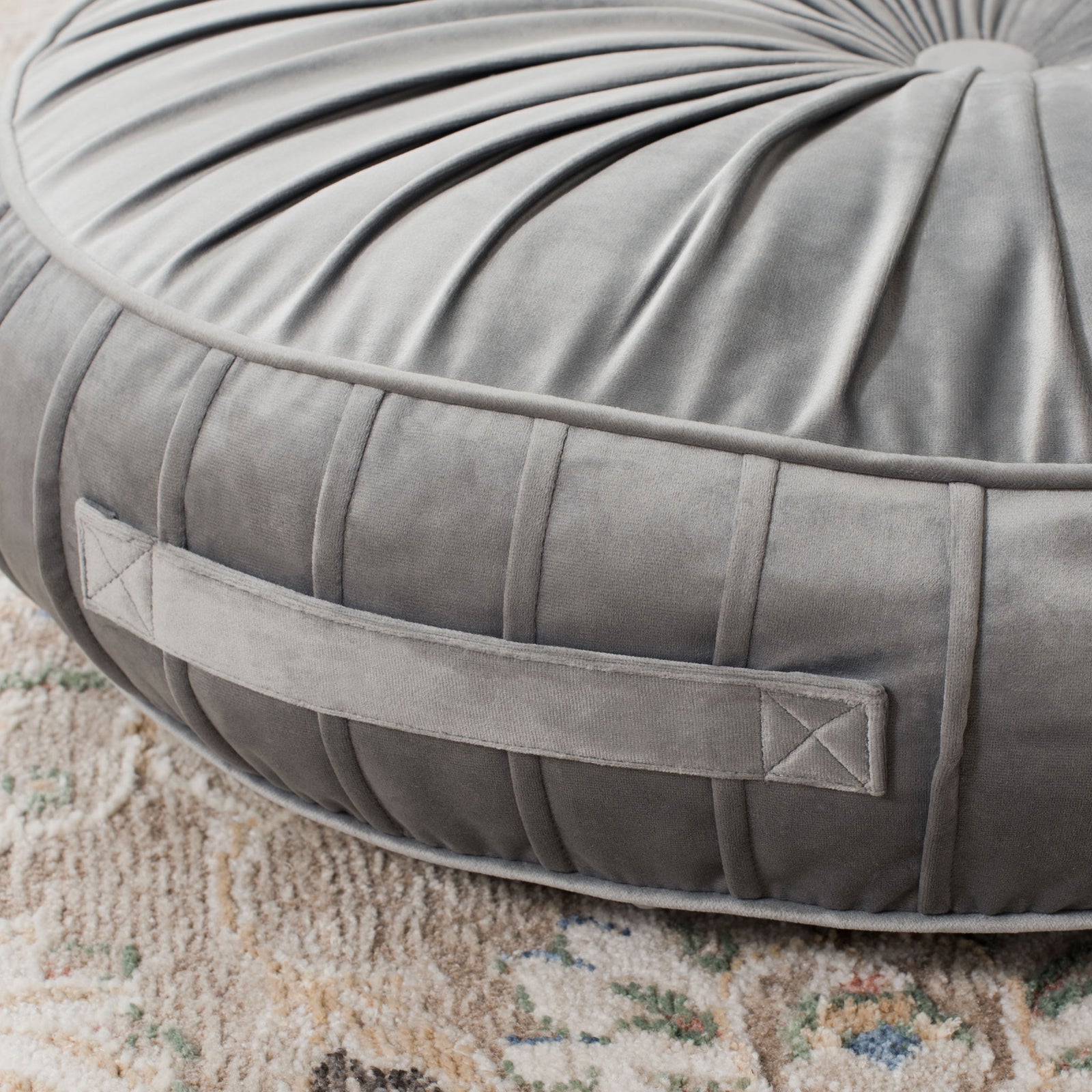 Gray floor pillow features a reinforced fabric carry handle, pleated sides, and neat edge piping || FLP1000B-2424 || handle_room