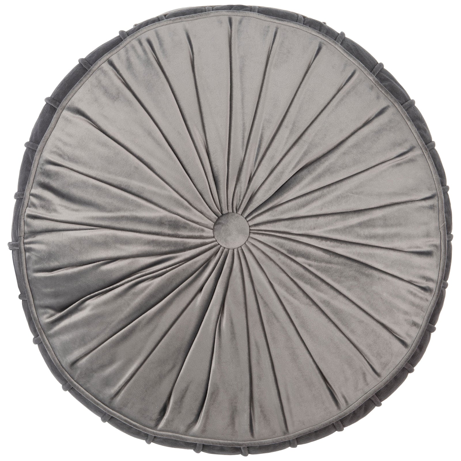 Gray floor pillow features radiating gathers around a tufted button and a softly piped circular edge || FLP1000B-2424 || front_studio