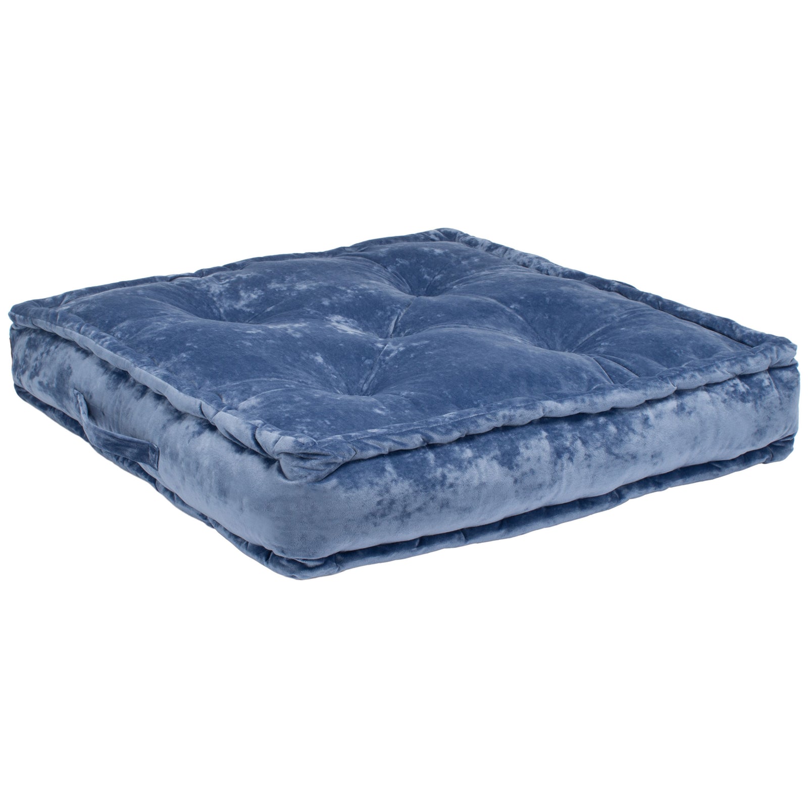Thick blue floor cushion has a gently tufted surface and a generously padded edge. || FLP1001A-2424 || front_angle_studio