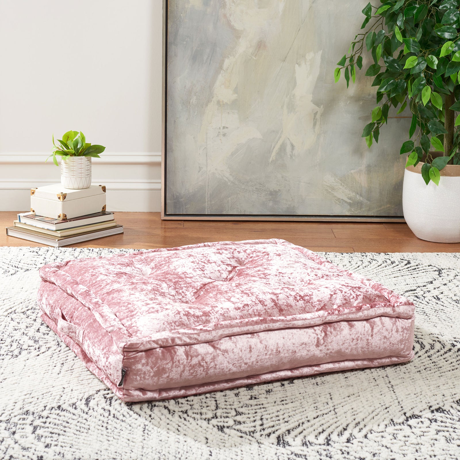 Soft blush floor pillow adds a generous cushioned seat and a subtle sheen. || FLP1001B-2424 || front_angle_room