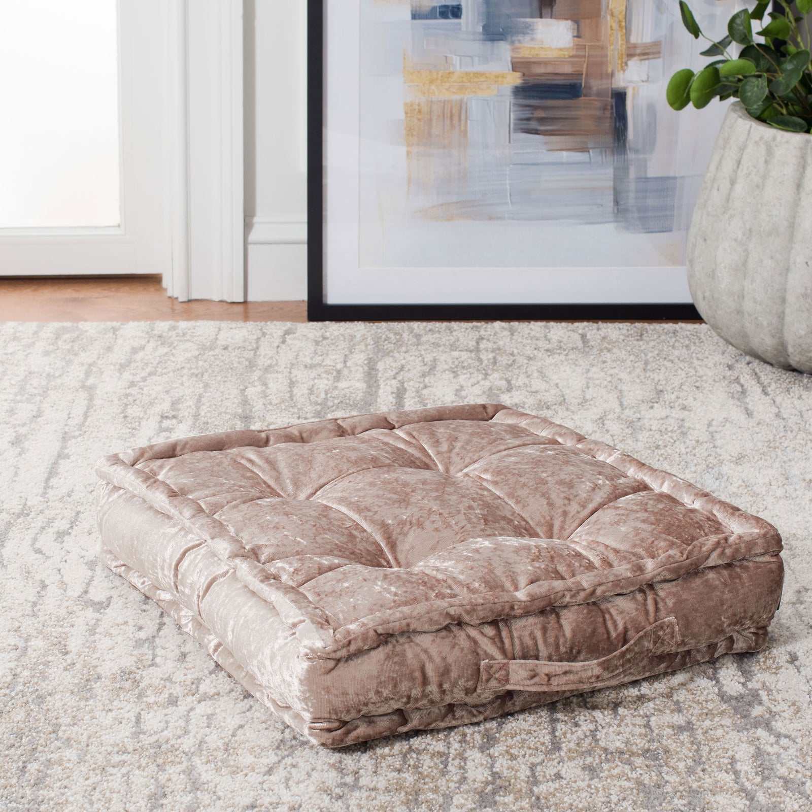 A thick champagne cushion layers velvety sheen, gathered tufting, and a soft raised edge. || FLP1001F-1818 || front_angle_room