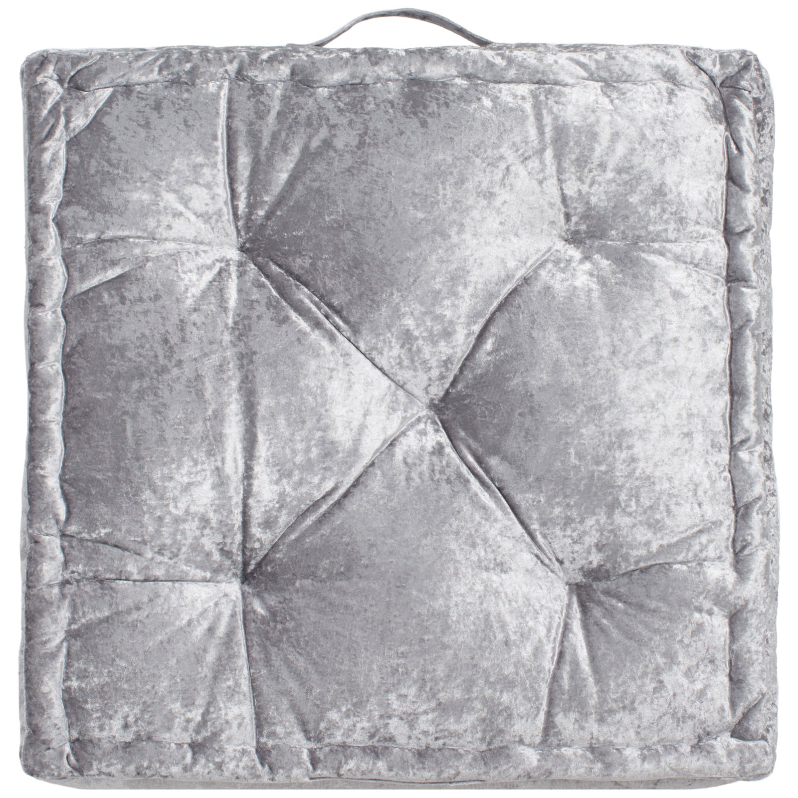 A lustrous silver floor cushion features dimpled tufting and a plush raised edge. || FLP1001G-1818 || front_studio