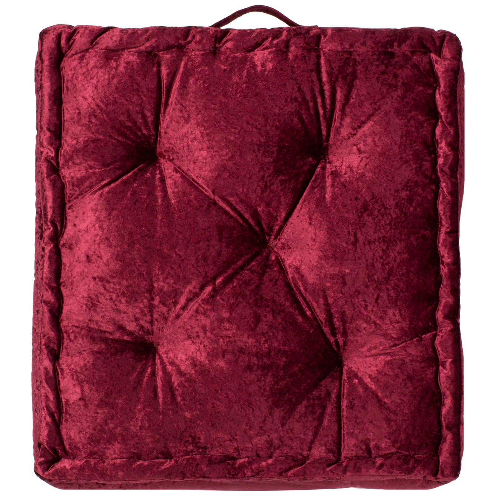 Deep burgundy floor pillow combines tufted fabric with a plush border and carry loop. || FLP1001H-1818 || back_studio