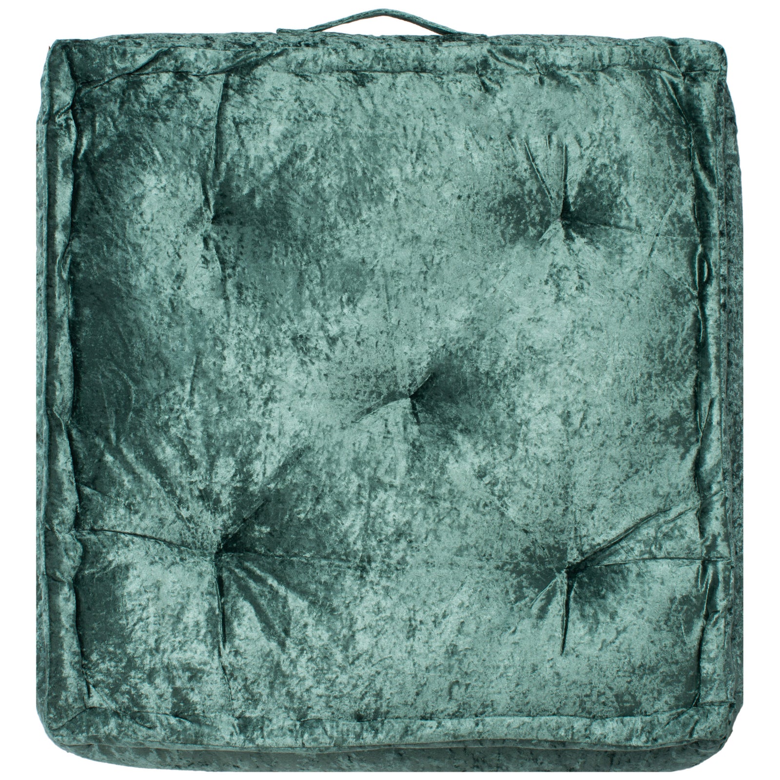 Deep green floor pillow features soft tufting, a padded border, and a matching carry loop. || FLP1001J-1818 || back_studio