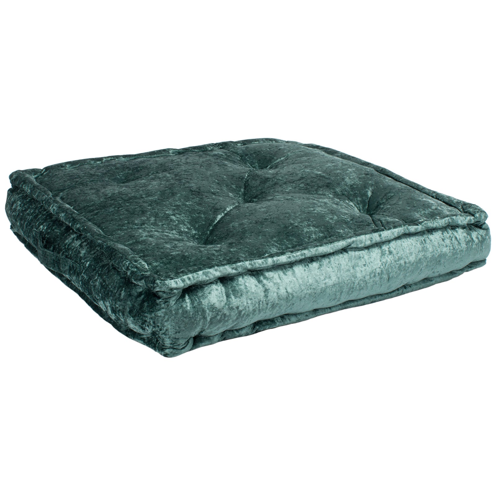 Thick green cushion combines subtle sheen with gathered tufting and cushioned edges. || FLP1001J-1818 || front_angle_studio