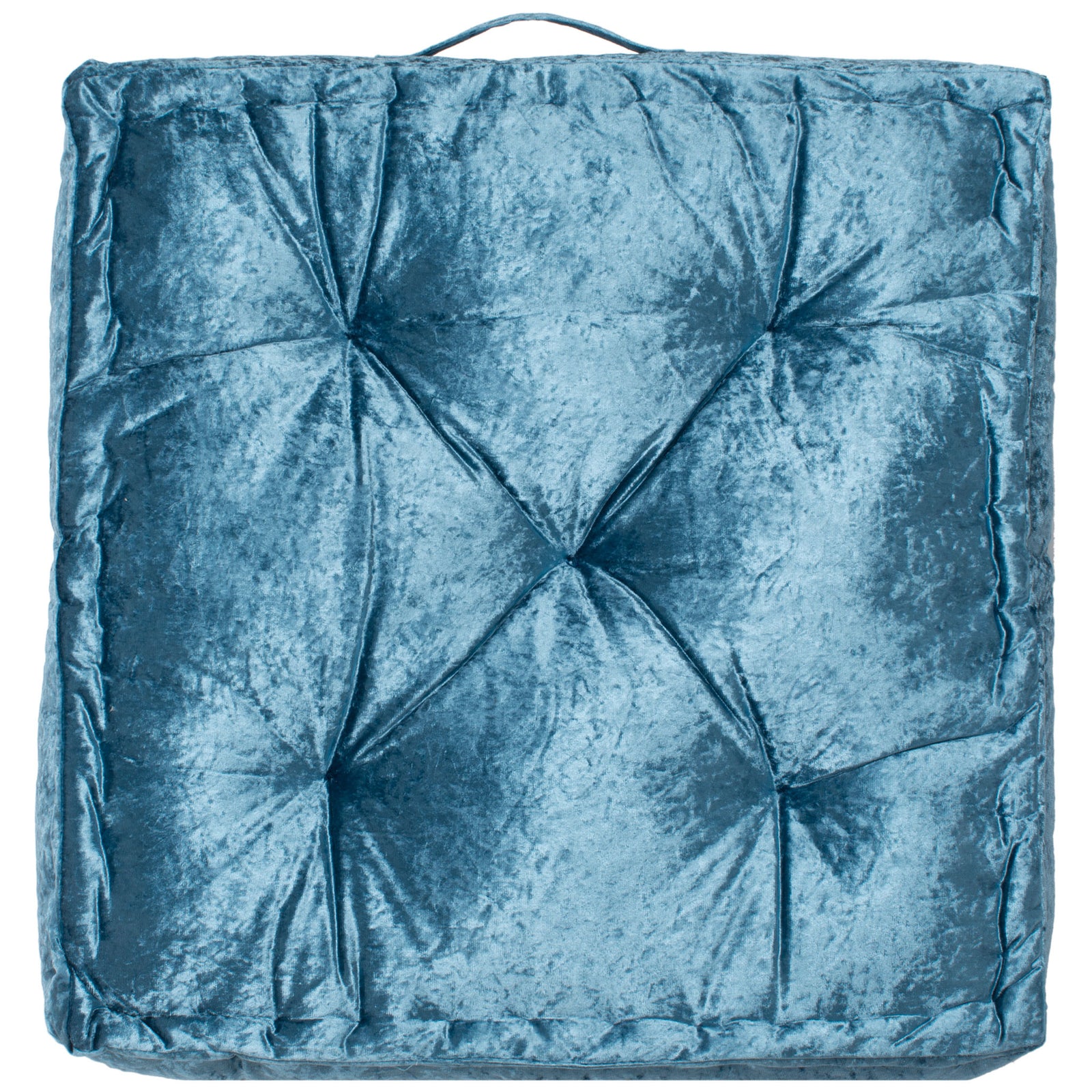 Dark turquoise floor pillow pairs bold tufting with a cushioned border and carry loop. || FLP1001K-2424 || back_studio