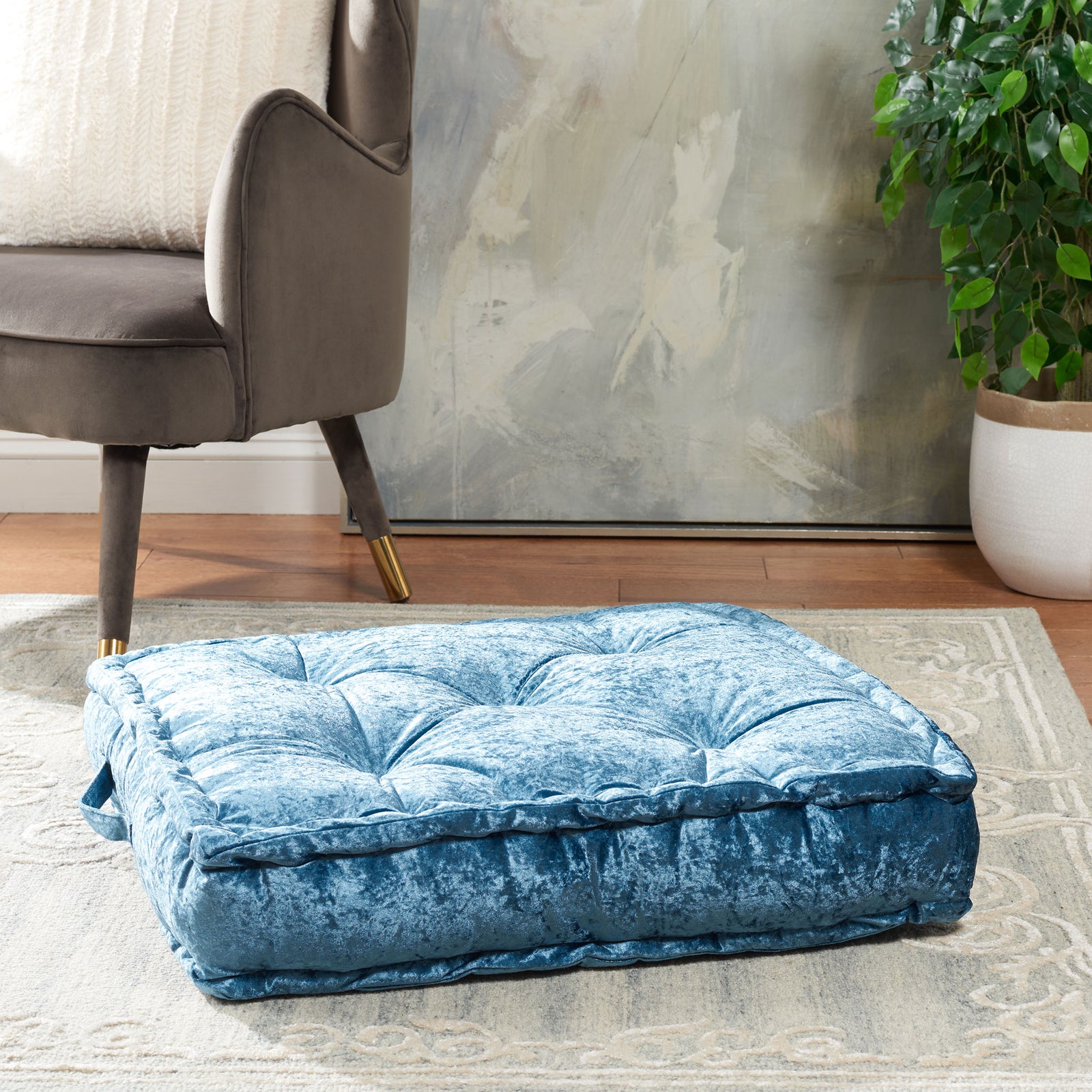 Tufted turquoise floor pillow offers a generously padded seat with vivid color. || FLP1001K-2424 || front_angle_room