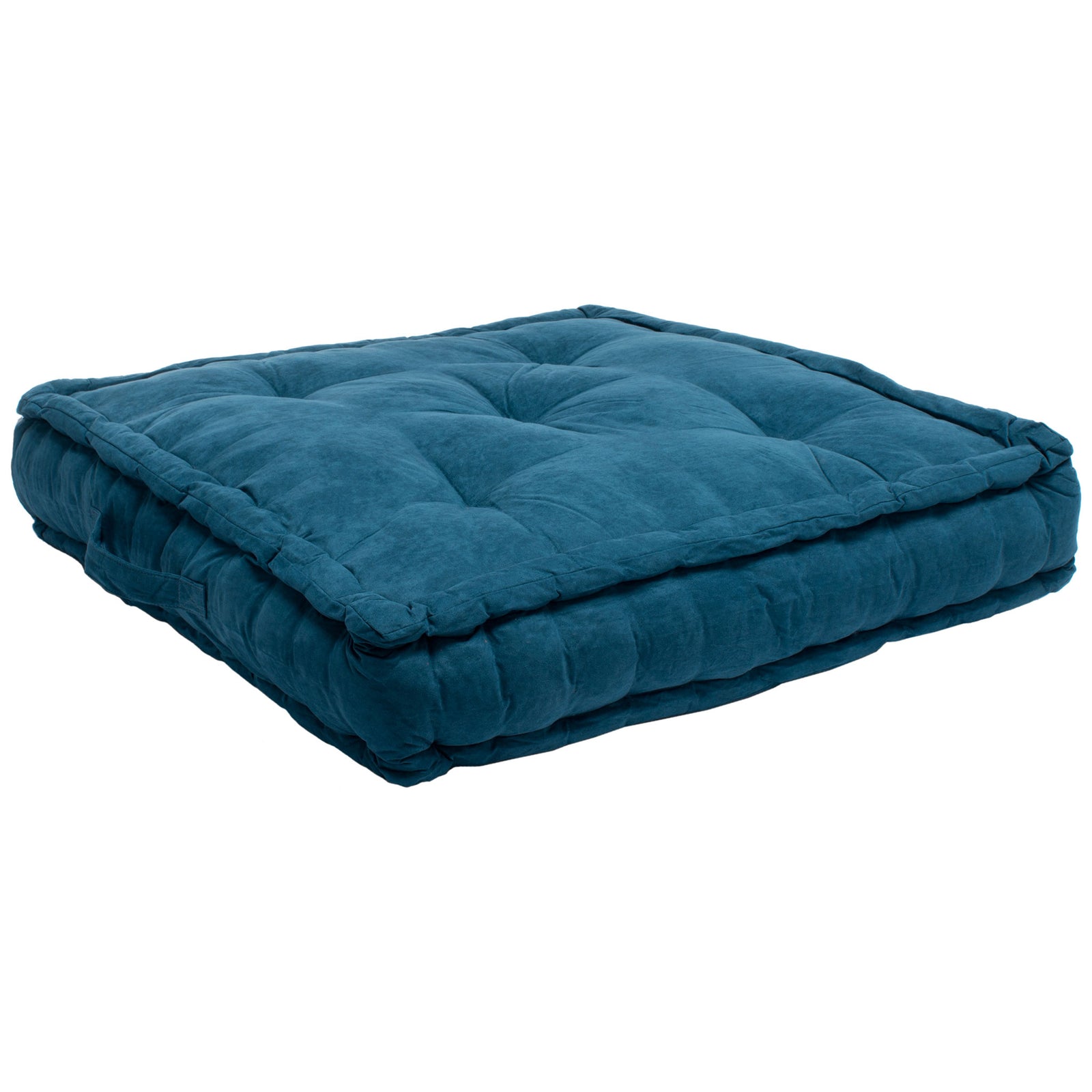 Dark turquoise square floor pillow with dimpled tufting and a thick cushioned profile || FLP1002B || front_angle_studio