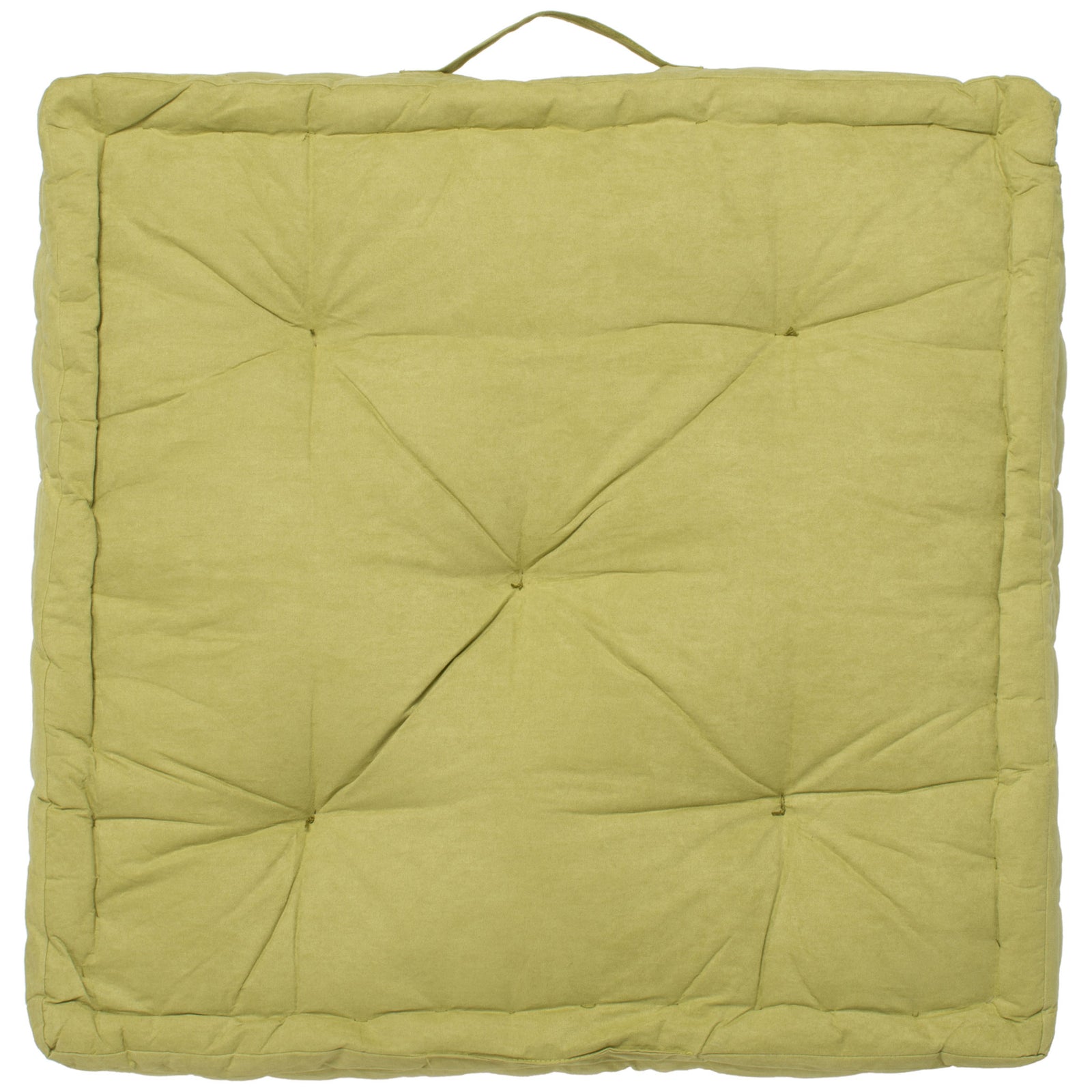 Soft green floor pillow with pinched tufting, cushioned edges, and a fabric carry handle || FLP1002F || back_studio