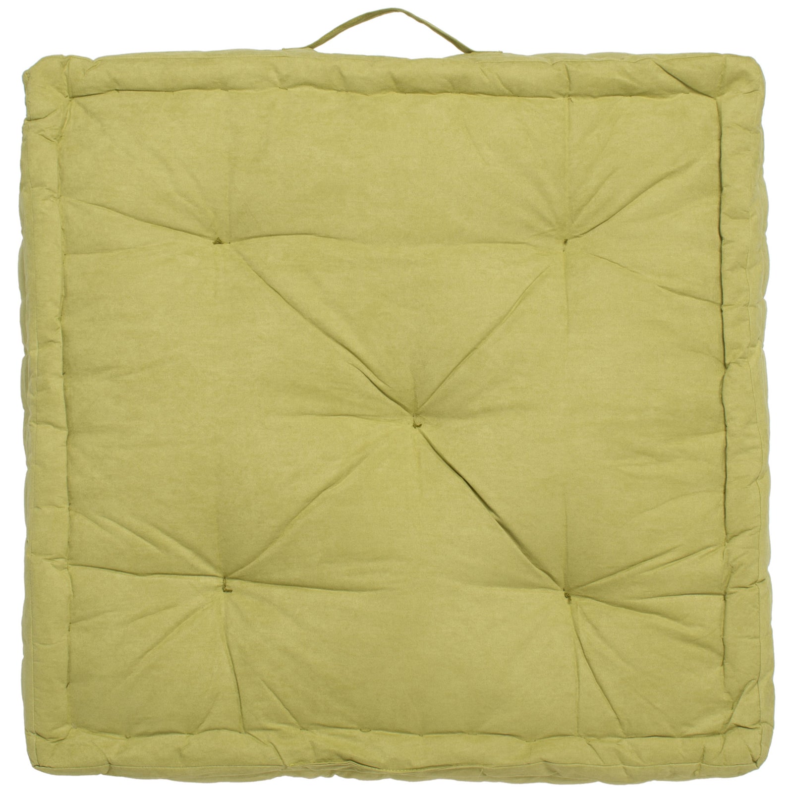 Square sage-green floor pillow with deep center tufting and a handy carry handle || FLP1002F || front_studio