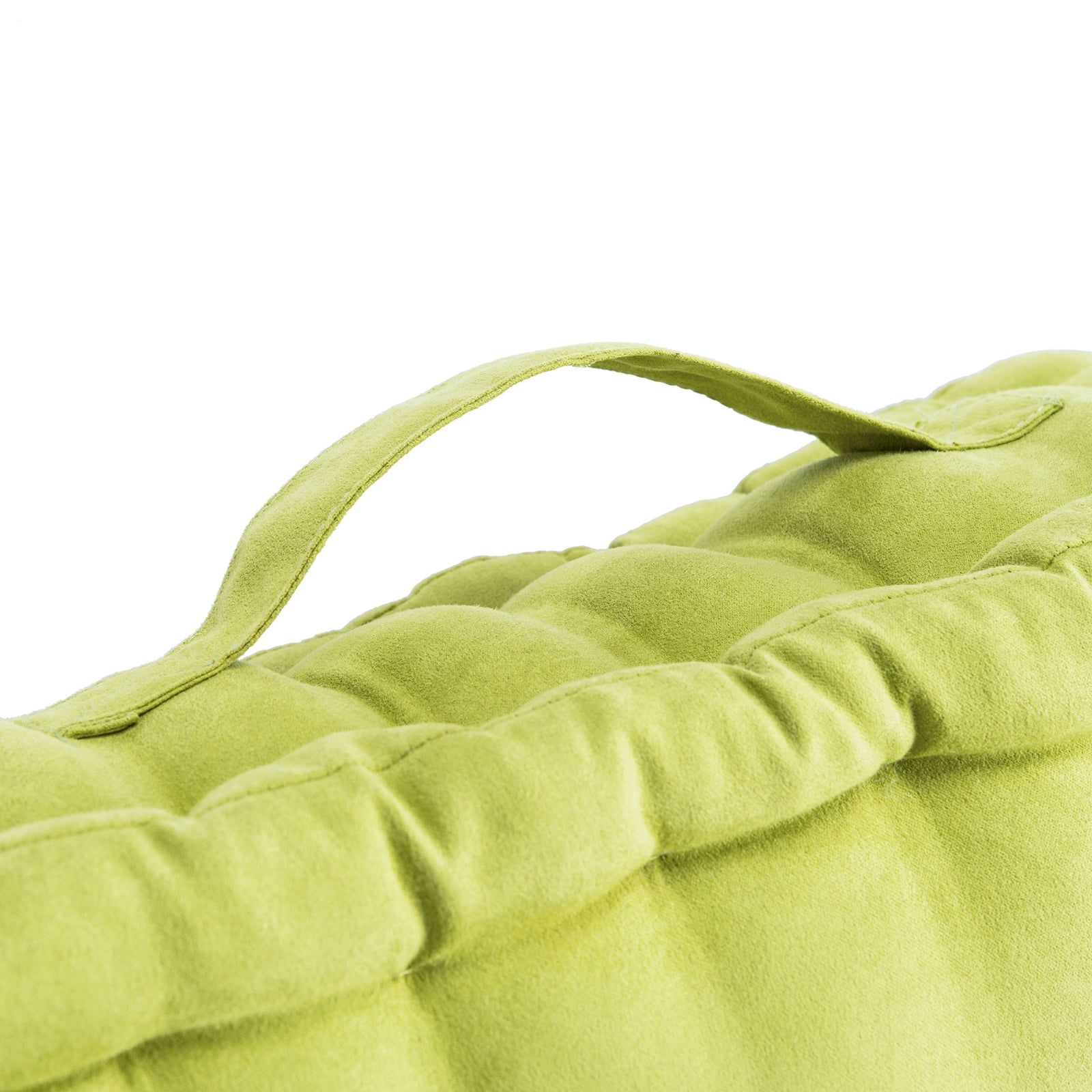 Bright green floor pillow with a convenient fabric carry strap and soft, gathered trim || FLP1002F || handle_studio