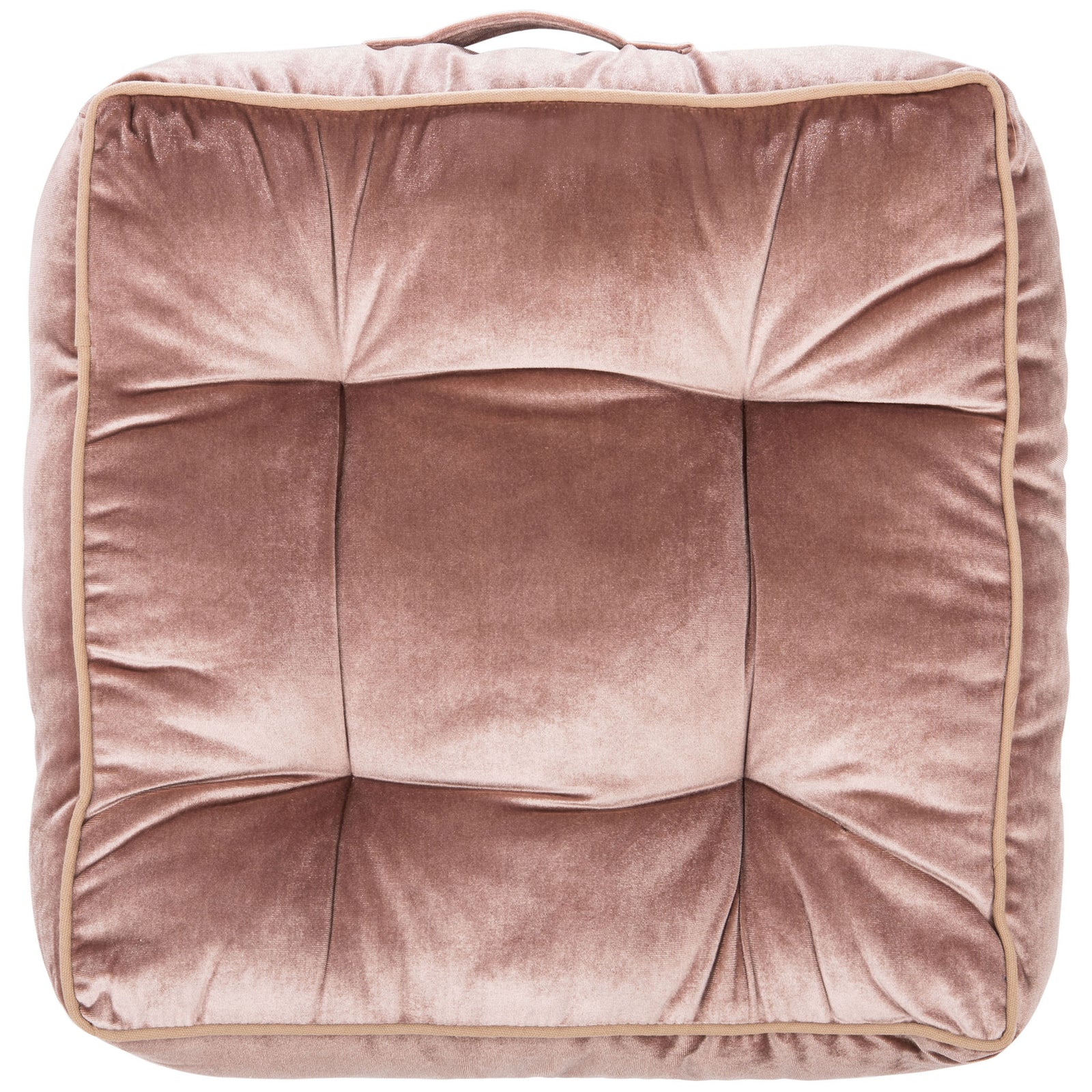 Soft pink velvet floor pillow with gathered tufting, light piping, and an easy-carry handle || FLP1004C || back_studio