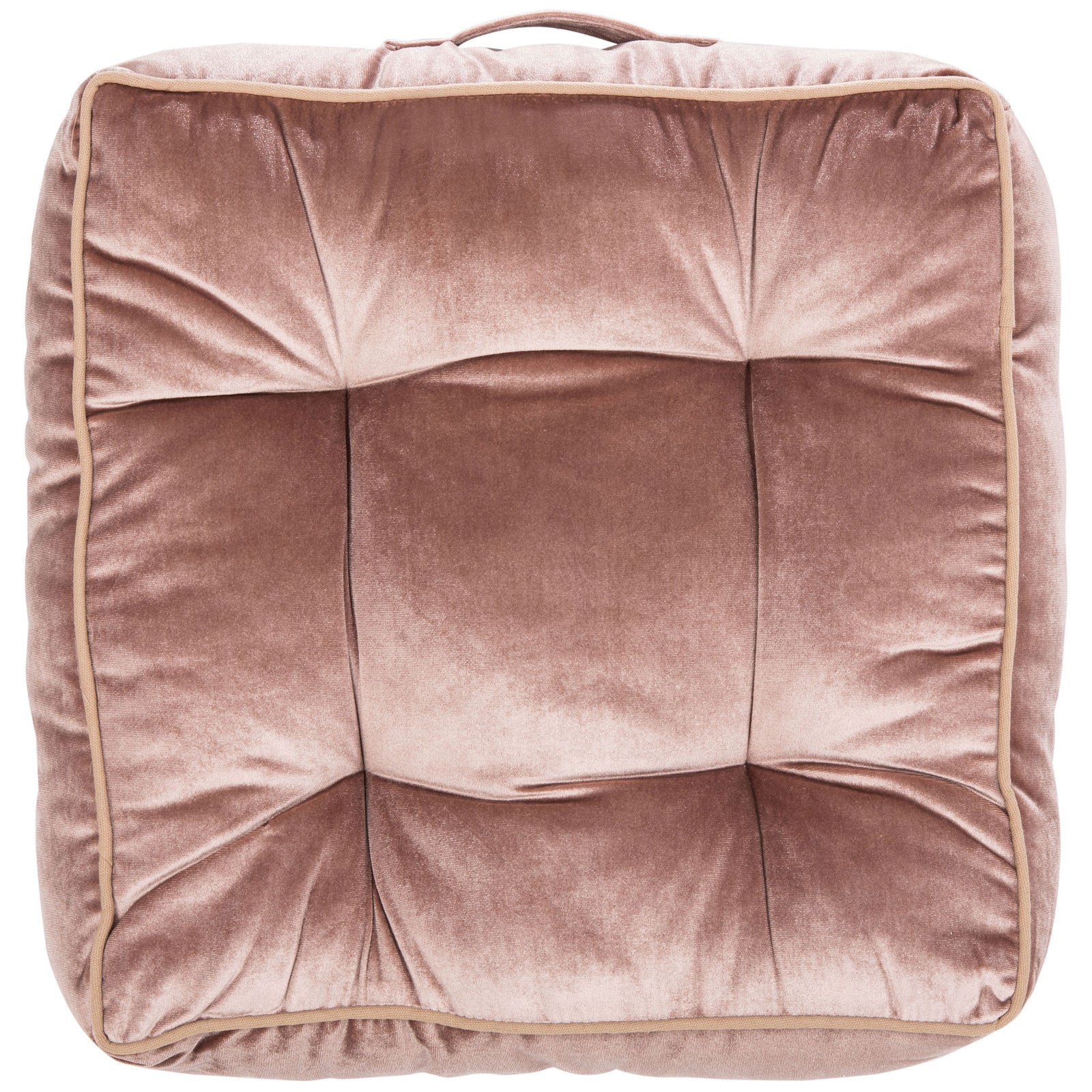 Blush pink velvet floor cushion with tailored piping and a pillowy tufted surface || FLP1004C || front_studio