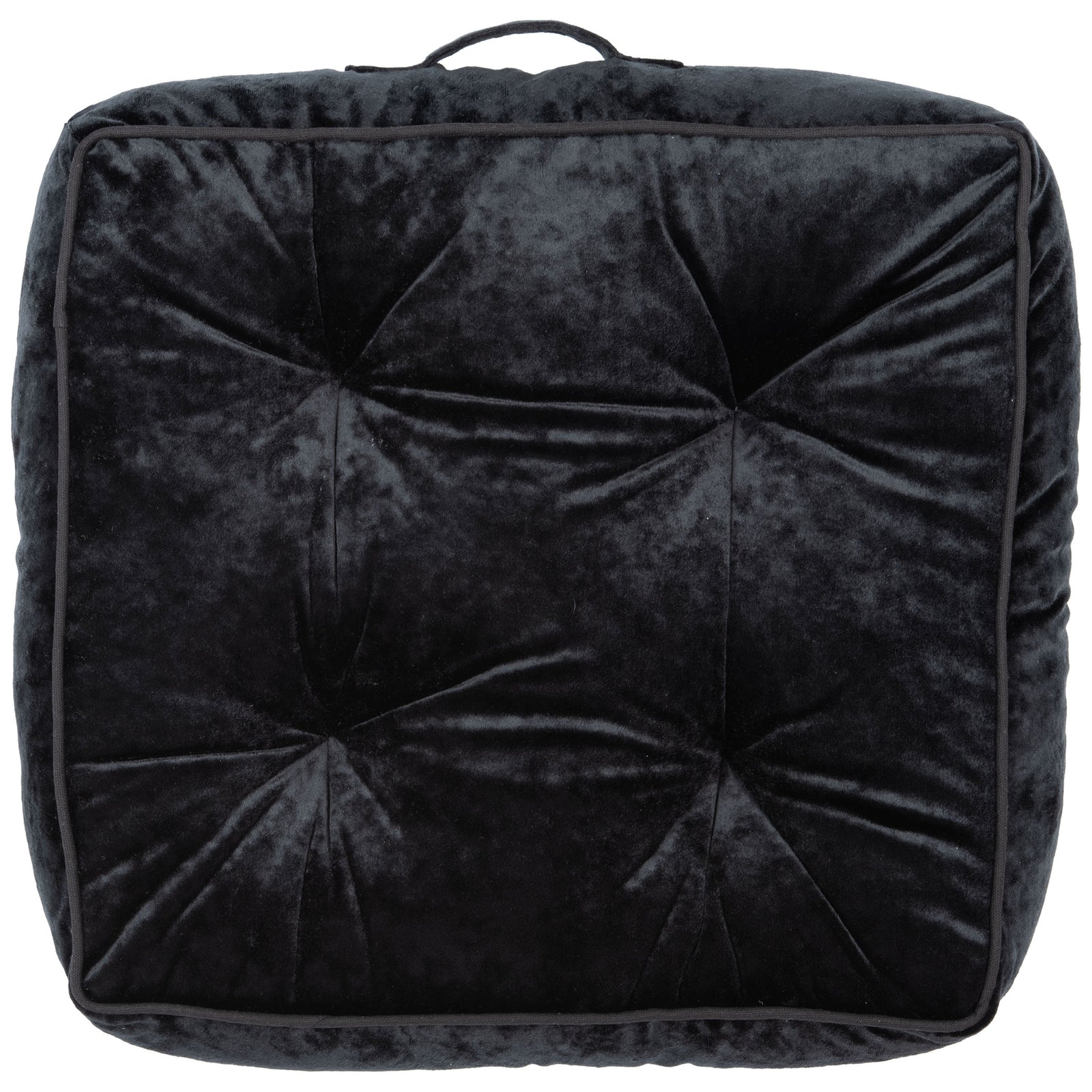 Black velvet floor pillow with deep tufting, piped trim, and a handy carry handle || FLP1004D || back_studio