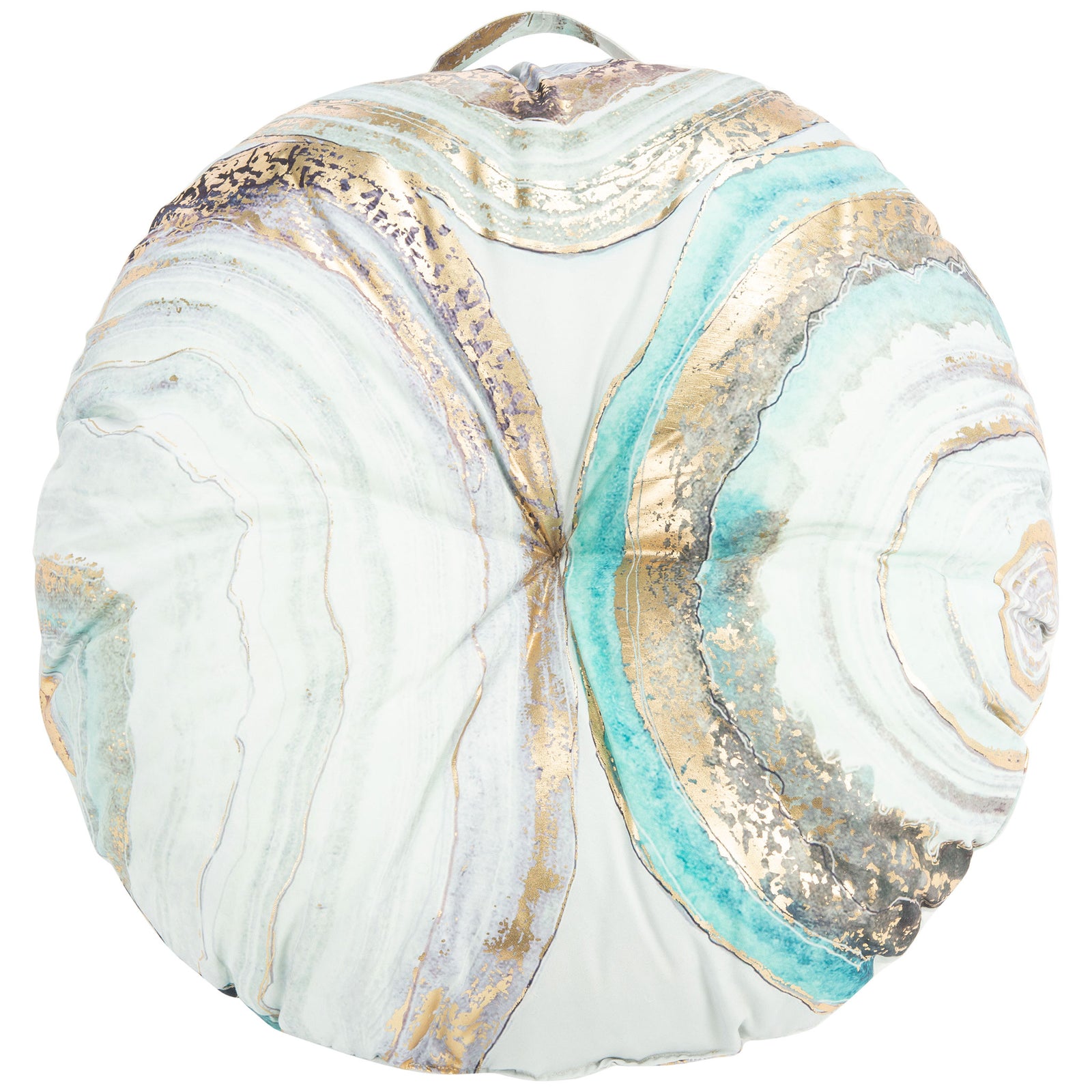 Round floor pillow with a gathered center and flowing aqua, lavender, and gold marbling || FLP1009A || back_studio