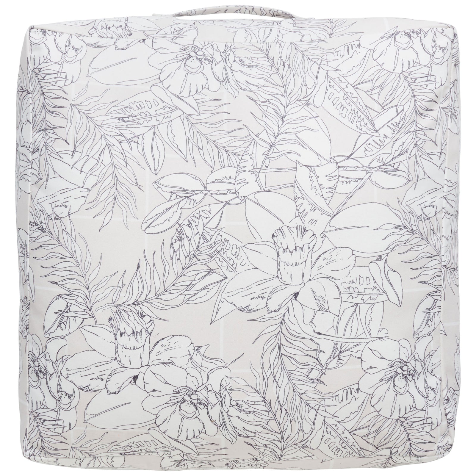 Plush square floor pillow pairs beige fabric with an allover black floral and foliage print. || FLP1012A || front_studio