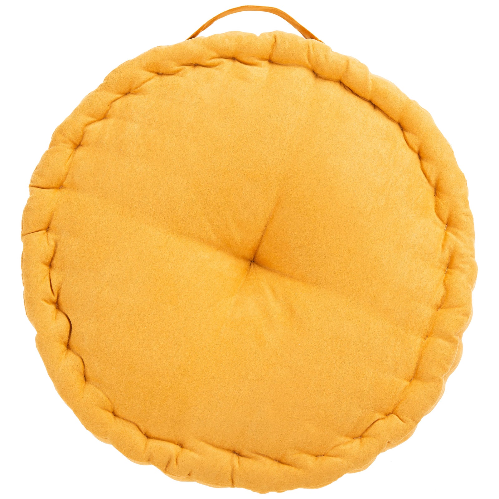 Mustard round floor cushion with a soft central tuft, gathered border, and slim fabric carry handle || FLP1014A || back_studio