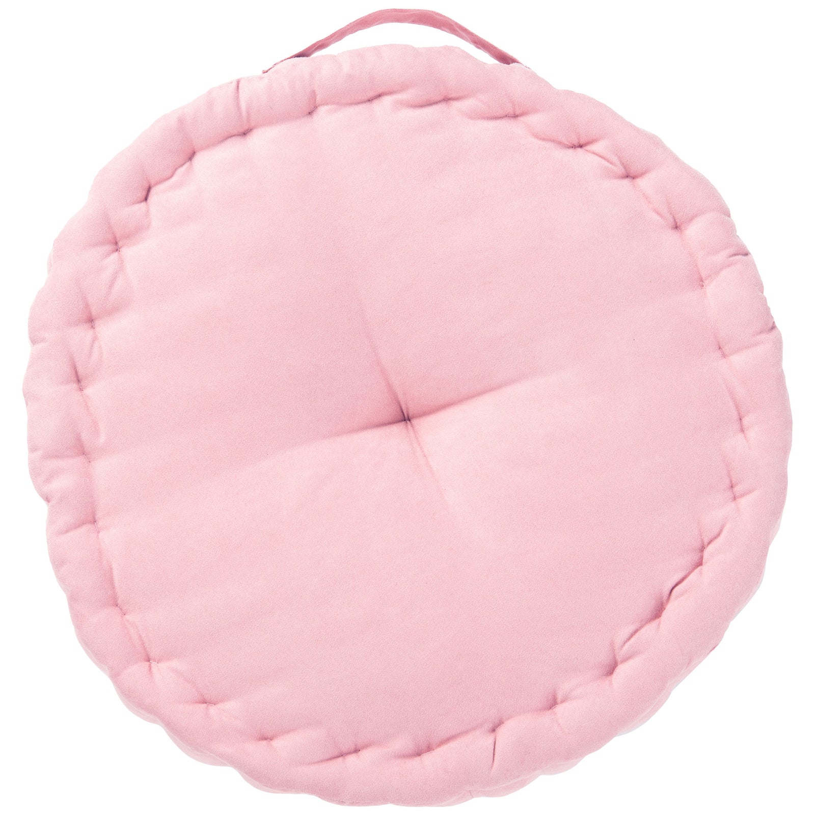 Pale pink round floor pillow with a tufted center, plump border, and slim fabric handle || FLP1014B || back_studio