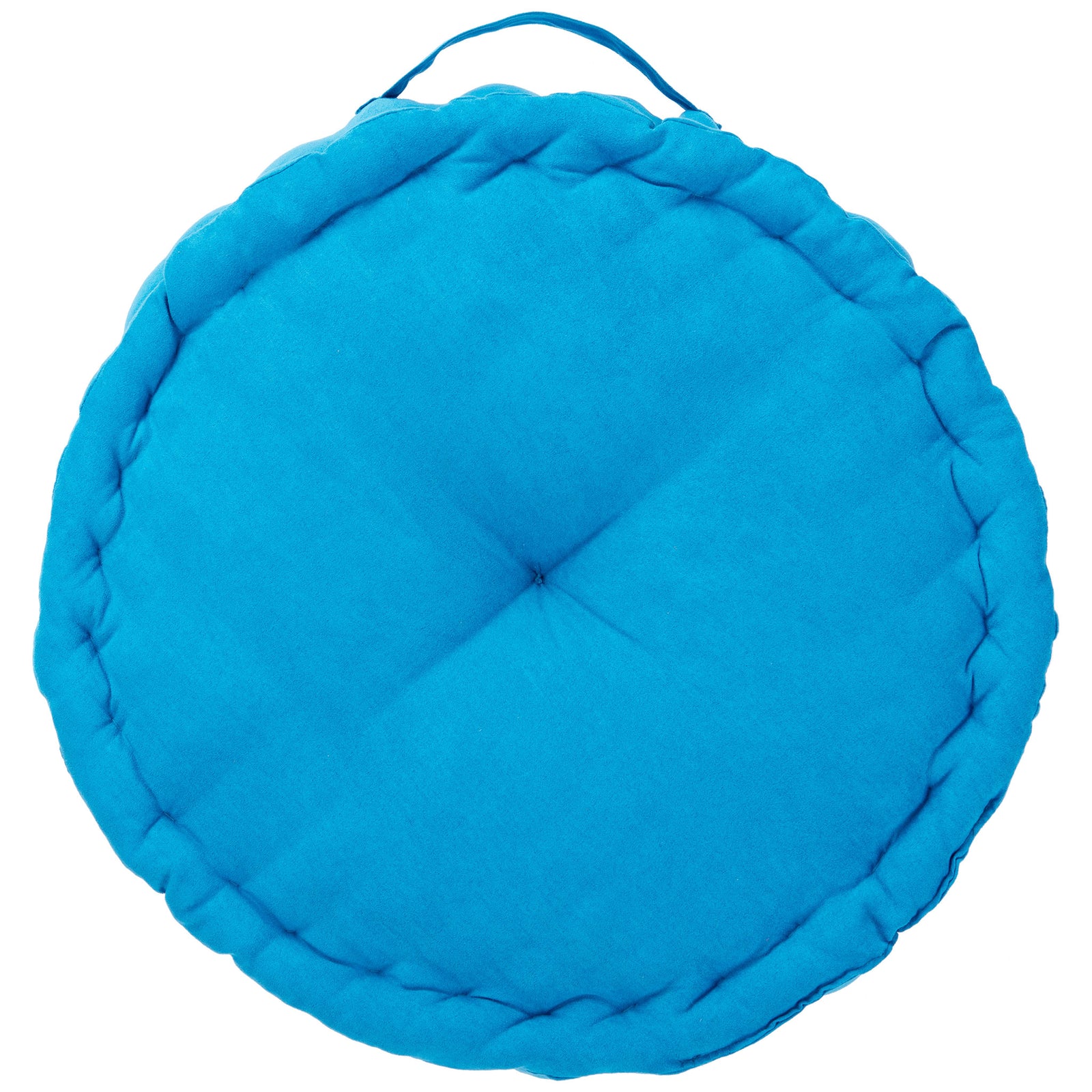 Bright blue round floor cushion with a deep center tuft, gathered border, and fabric carry loop || FLP1014C || back_studio