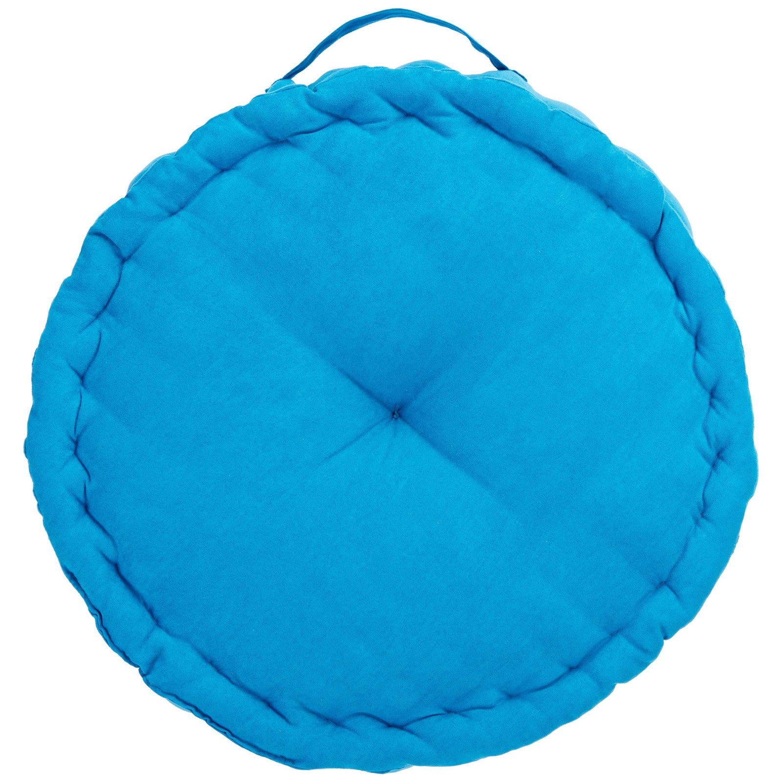 Vibrant blue floor pillow with a round tufted seat, soft folds, and a thick cushioned border || FLP1014C || front_studio