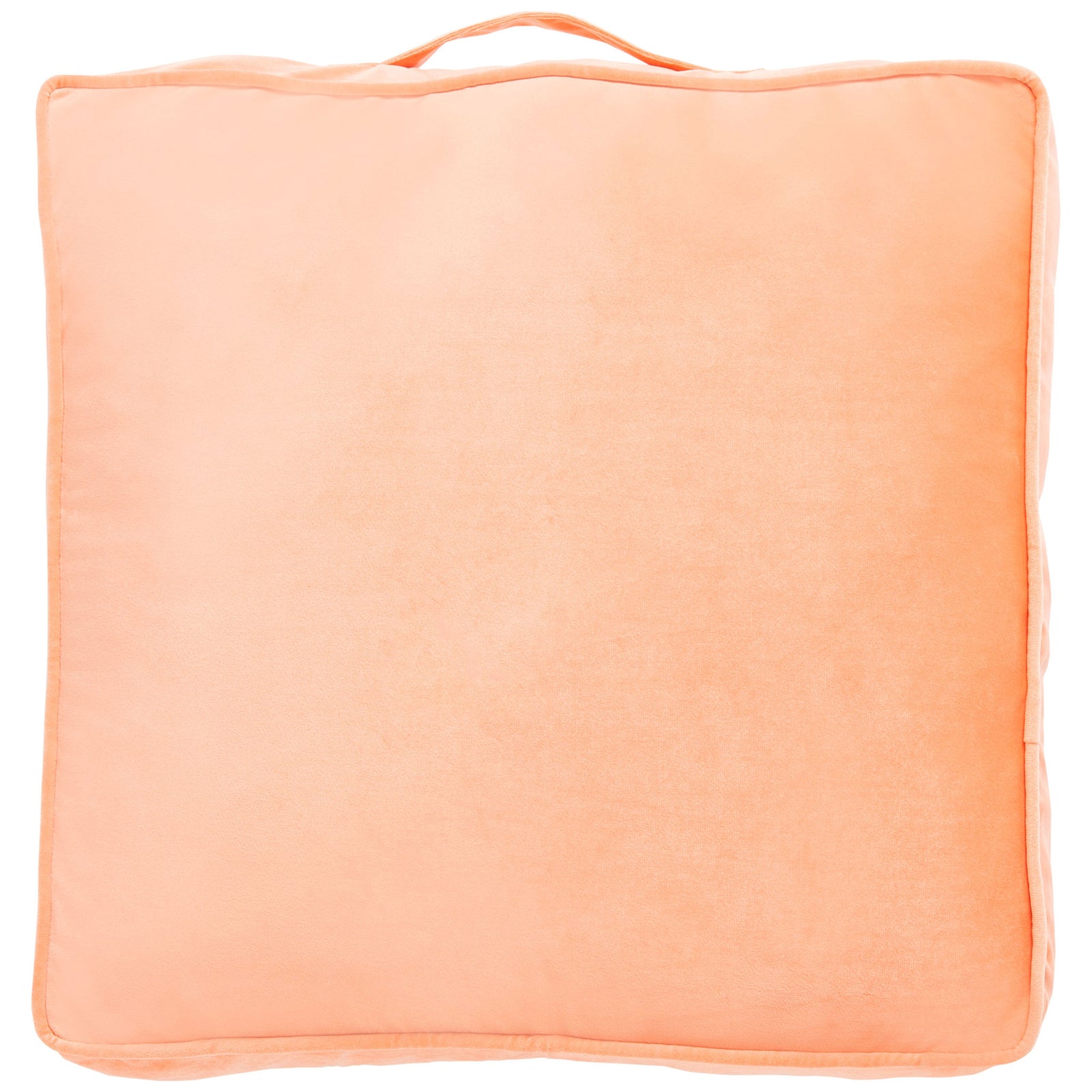 Velvety peach floor pillow with softly rounded corners, piped edges, and a fabric carry handle || FLP1015A || back_studio