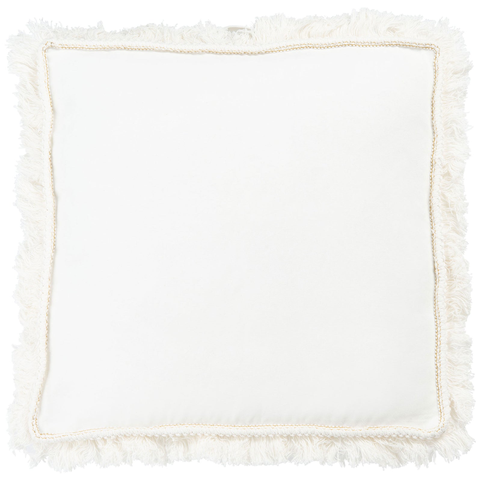 This ivory floor pillow pairs a smooth square center with braided trim and a feathery fringe border. || FLP1018A || front_studio