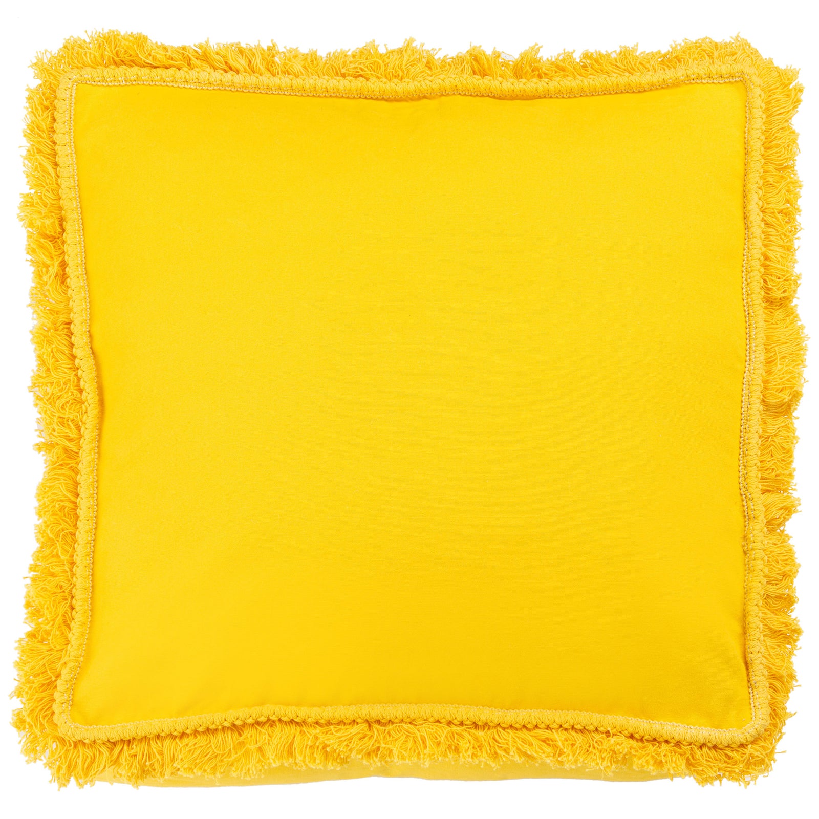 Bright yellow fabric and lush fringe frame a smooth center and inset border on this square floor cushion. || FLP1018B || front_studio