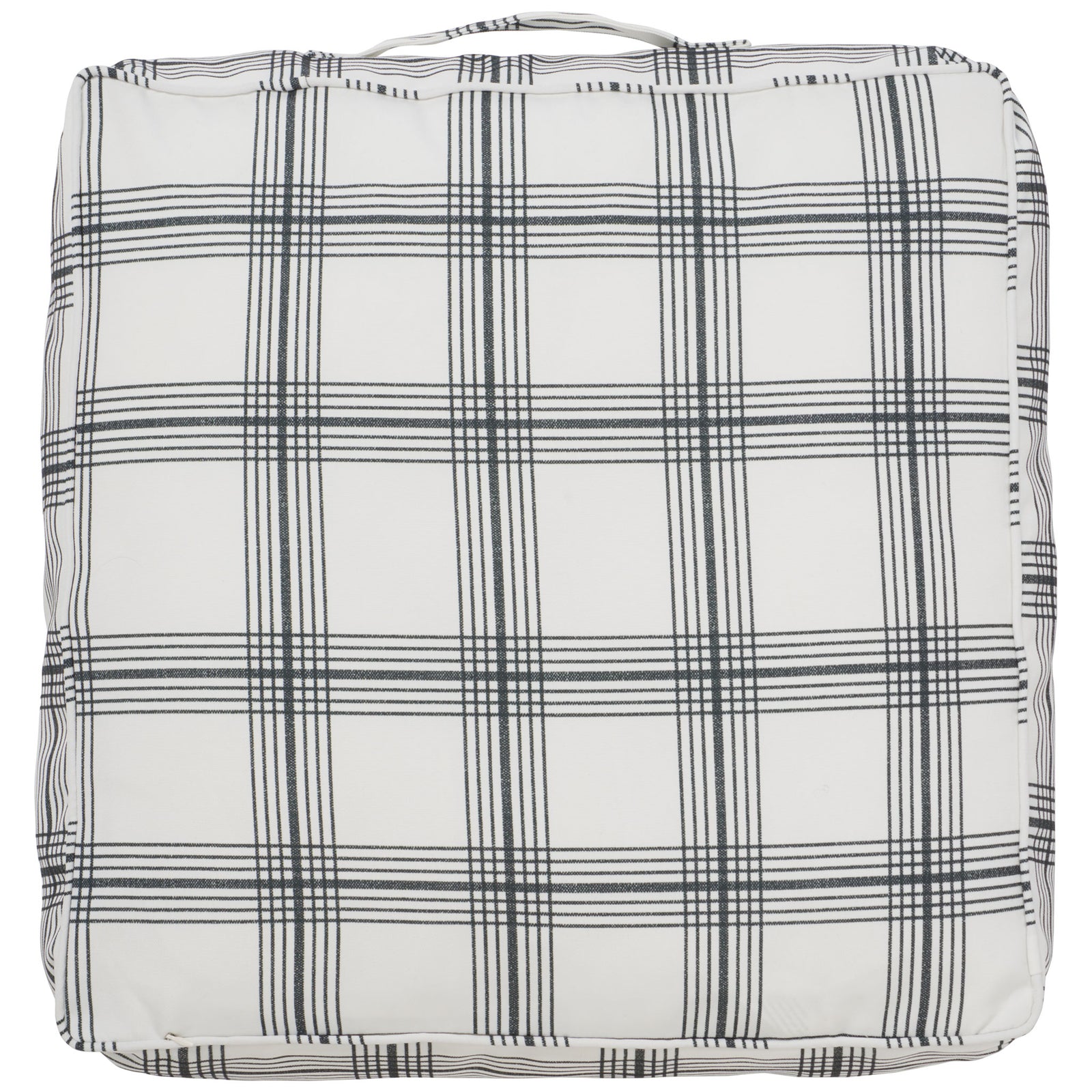 Fine charcoal lines cross the white fabric of this neatly finished square floor pillow || FLP1020A || back_studio