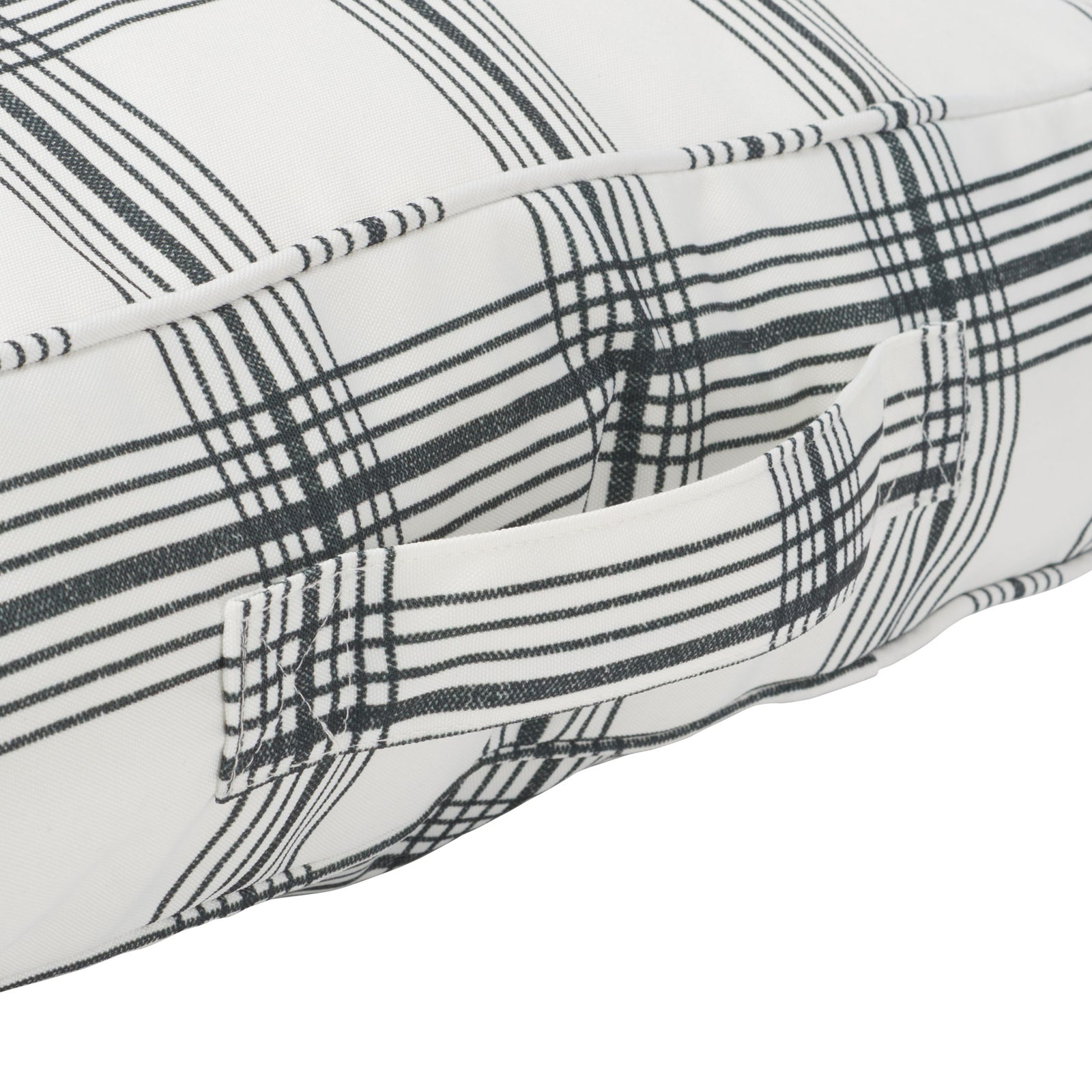 A sewn-in fabric handle makes this plaid floor pillow easy to pick up and move || FLP1020A || handle_studio
