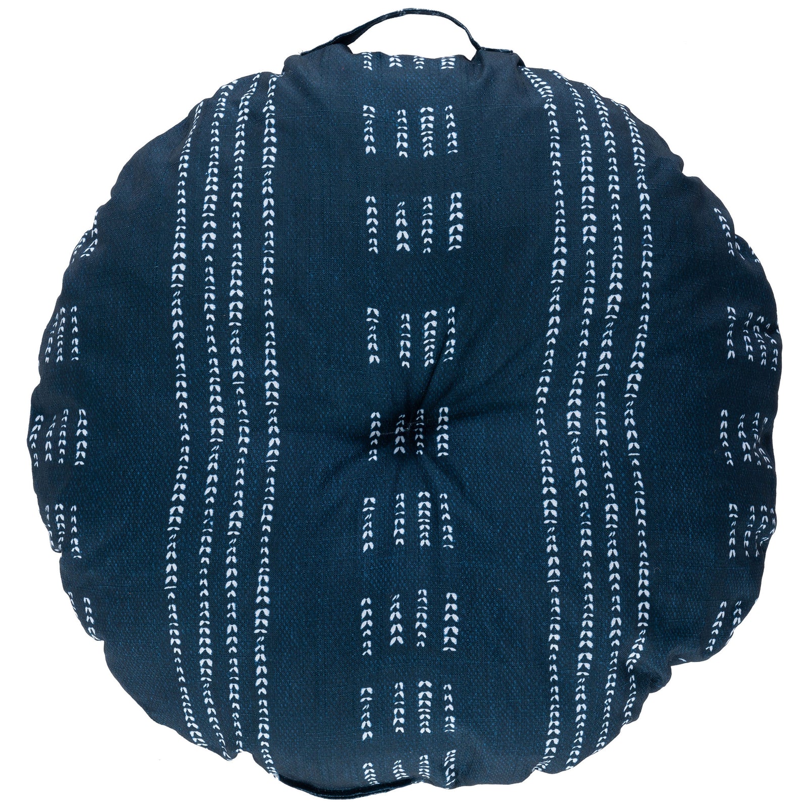 A plush round floor pillow pairs navy fabric with ivory dashed stripes and a soft center tuft. || FLP1023A-2626 || front_studio