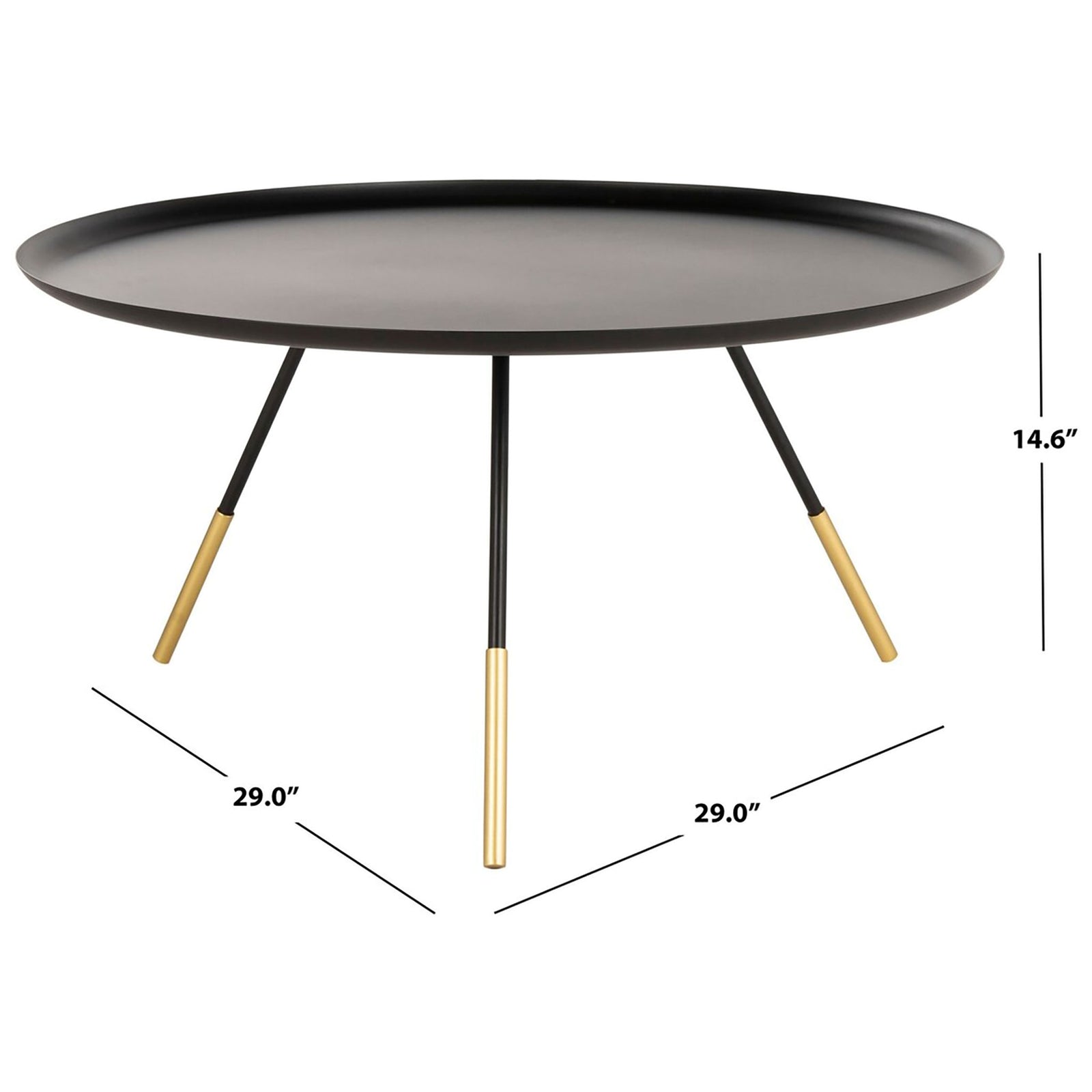 Modern round coffee table measuring 29 inches wide and 14.6 inches high, featuring slim, splayed metal legs. || FOX4525A || dimension_studio