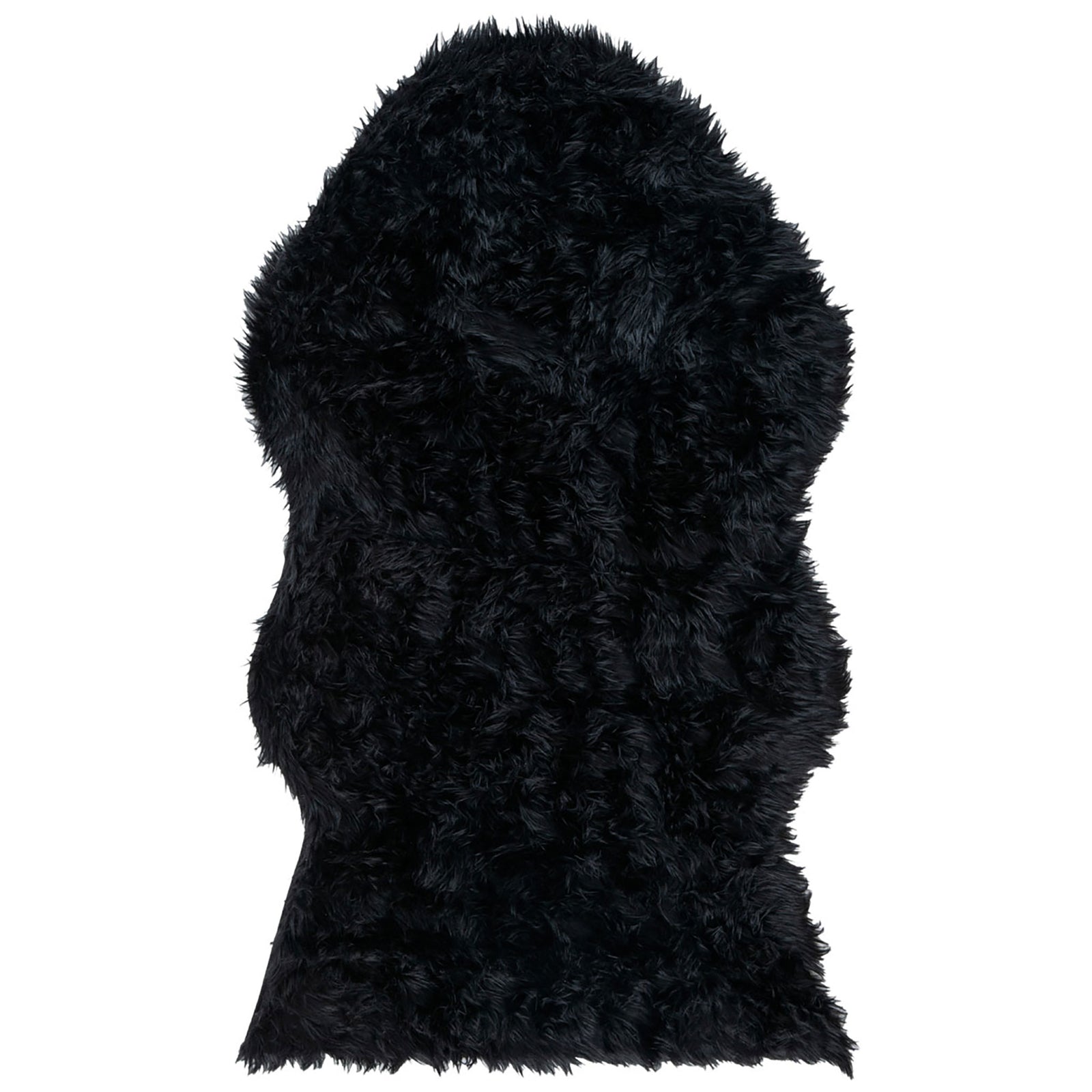 Black faux sheepskin pelt rug with long fluffy fibers and an irregular silhouette || FSS115B-3 || top_studio