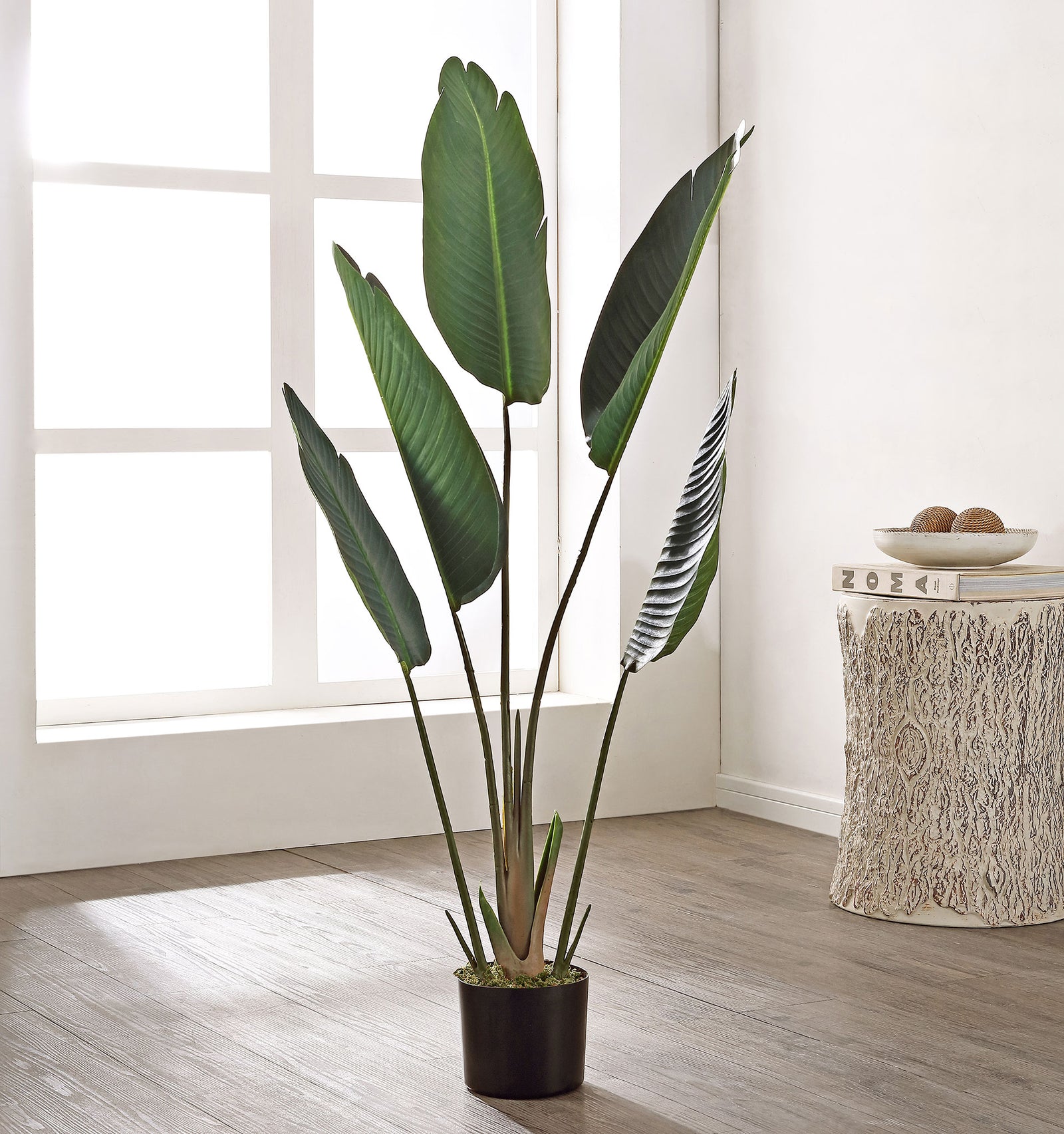 Sculptural green leaves lend a tropical feel to a bright living space. || FXP1008A || front_room