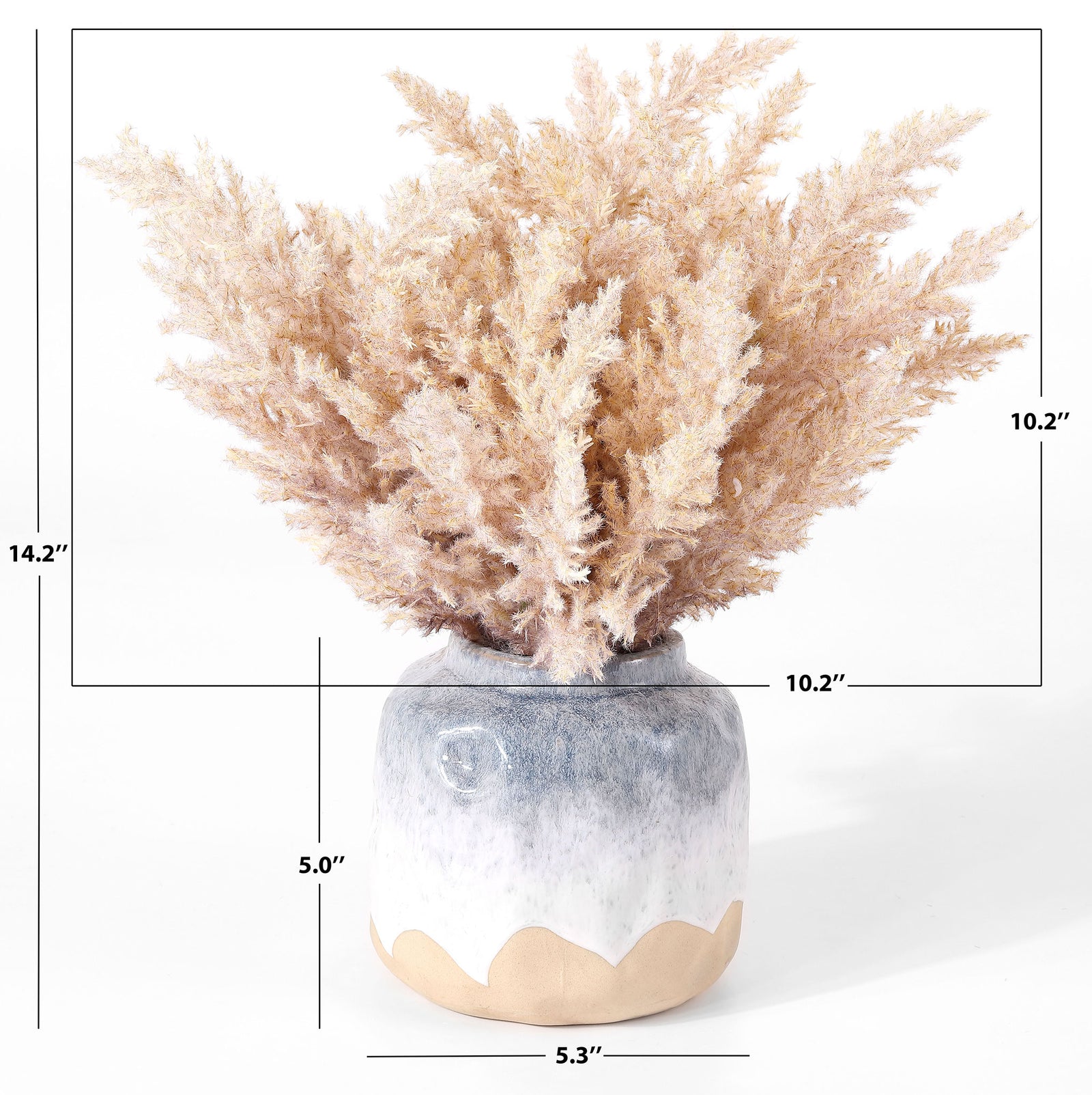 A compact ceramic pot anchors a wide spray of beige foliage. || FXP1019A || dimension_studio