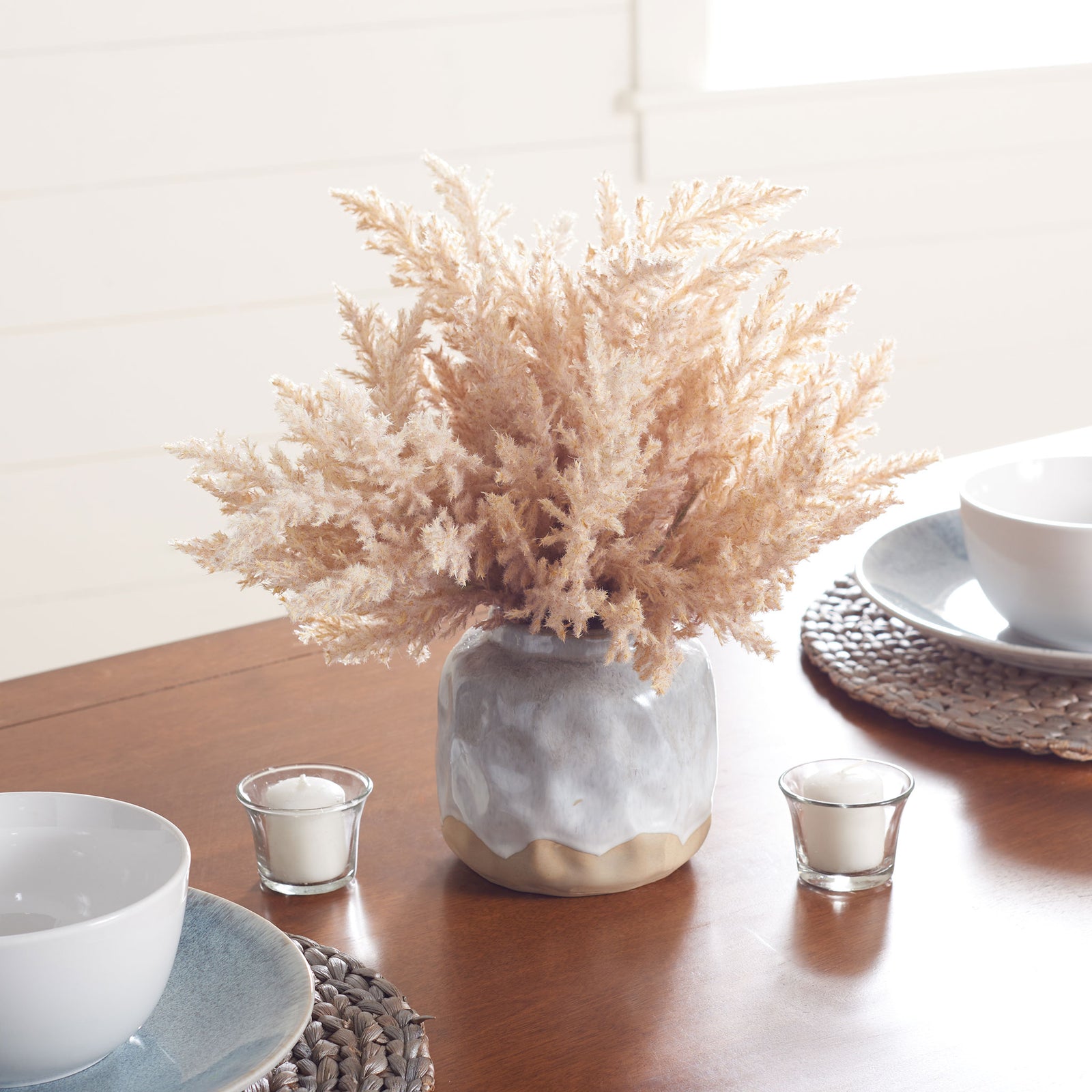 A soft beige botanical arrangement adds texture to a dining table. || FXP1019A || front_room