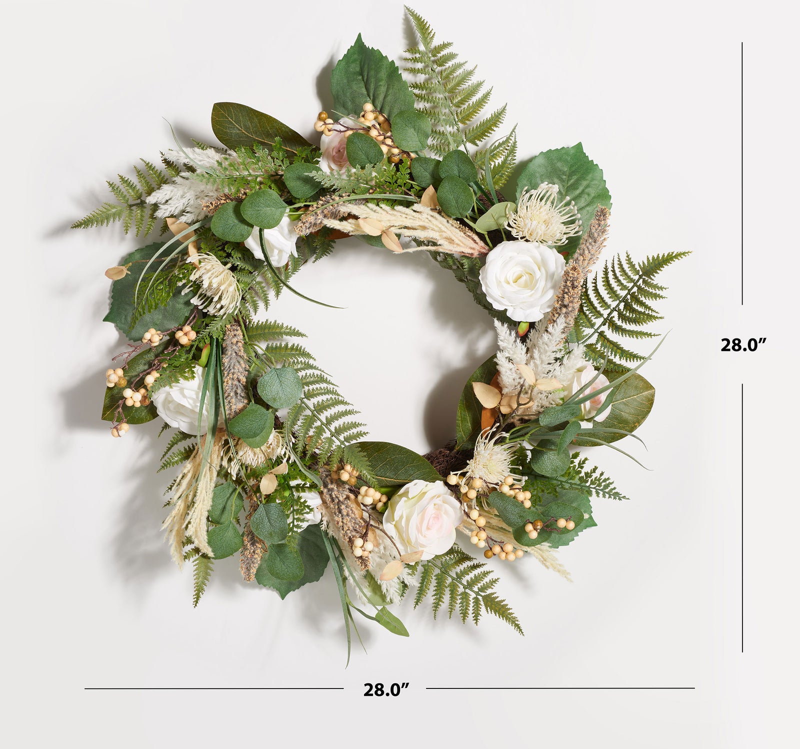 A 28-inch wreath layers roses, fern leaves, and soft botanical accents. || FXP1023A || dimension_studio