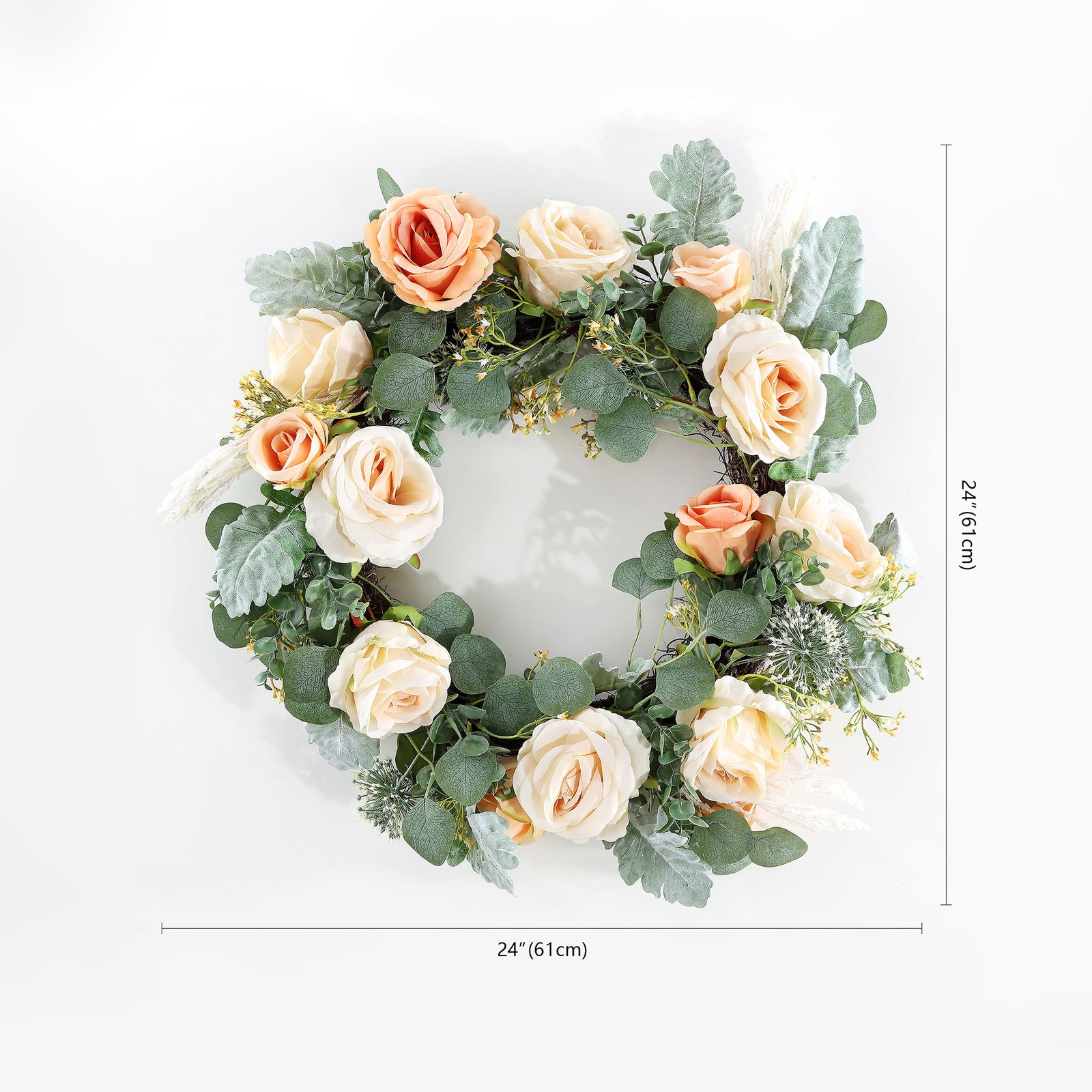 A 24-inch wreath combines soft roses and eucalyptus foliage. || FXP1024A || dimension_studio