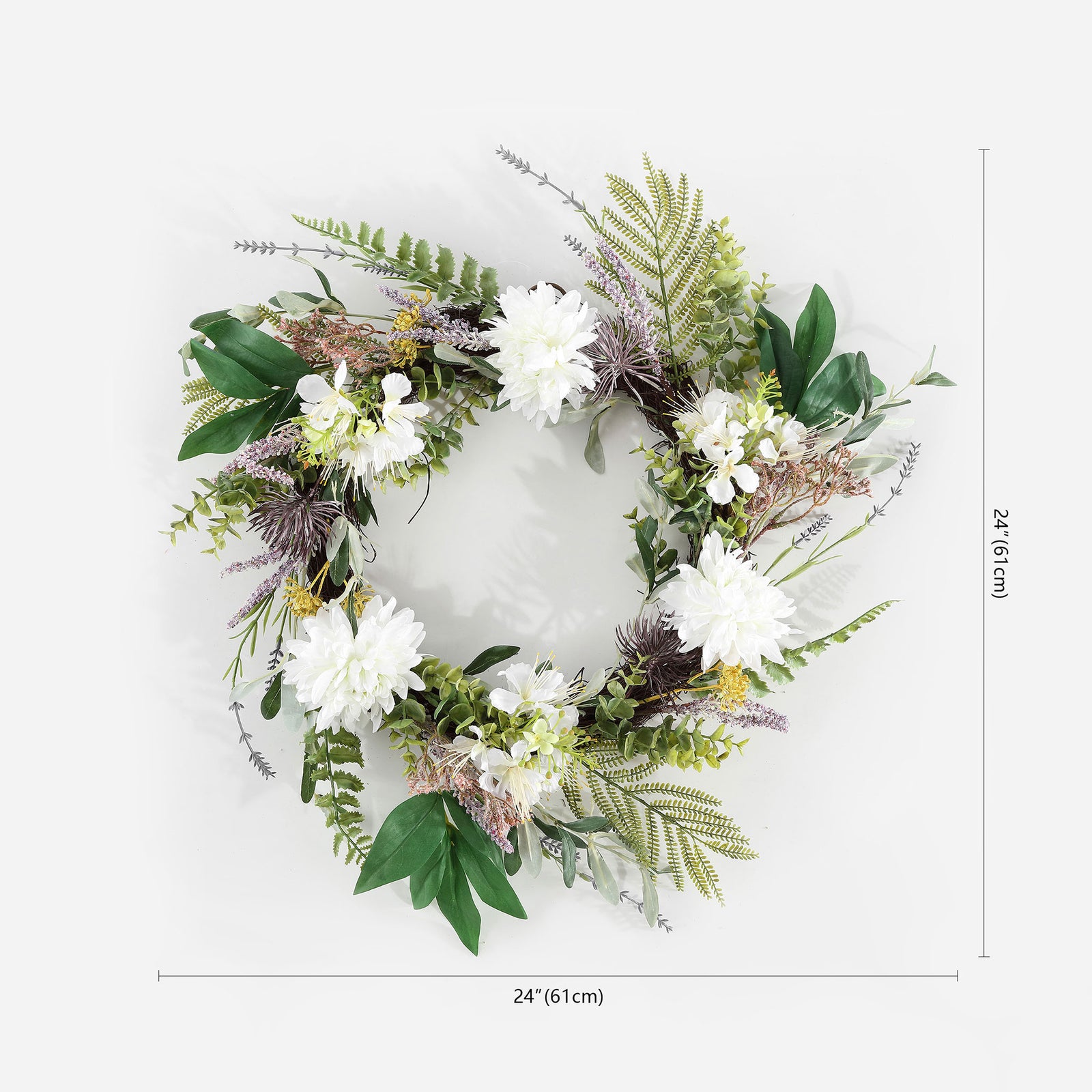 A 24-inch wreath balances white dahlias with leafy green accents. || FXP1028A || dimension_studio