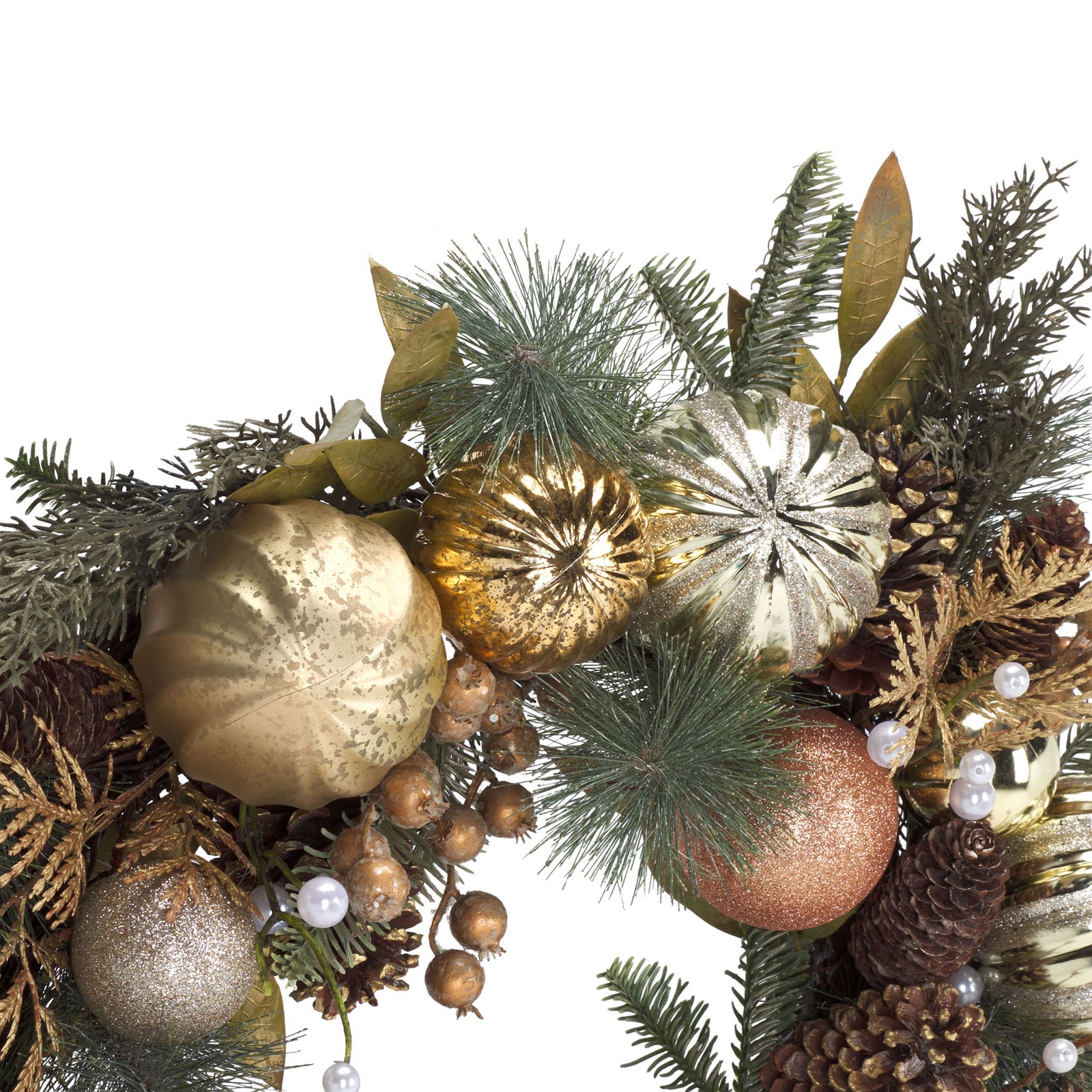 Metallic gold baubles mingle with pine cones and fine evergreen needles. || FXP1033A || detail_studio