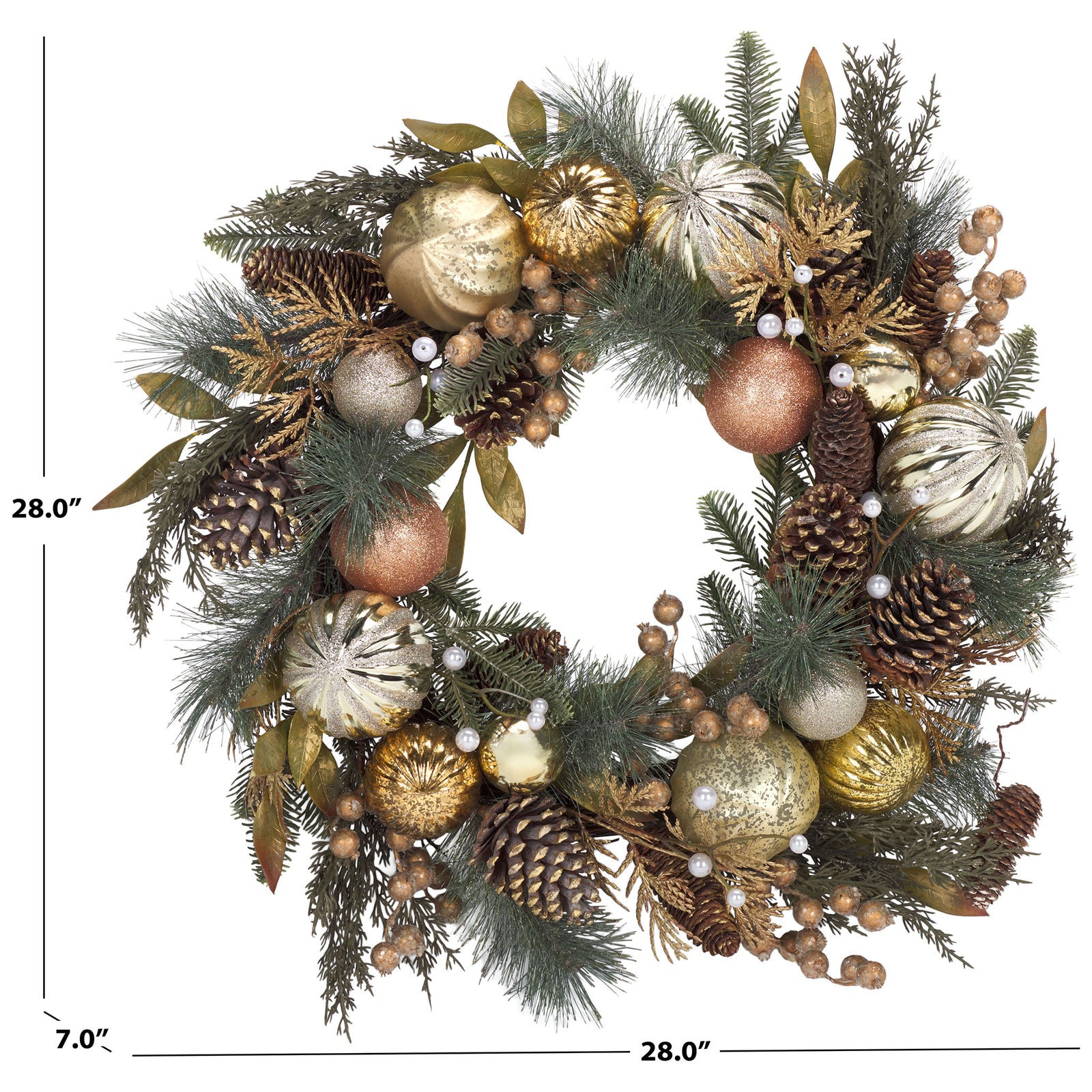 A 28-inch wreath pairs pine foliage with gold ornaments and pine cones. || FXP1033A || dimension_studio