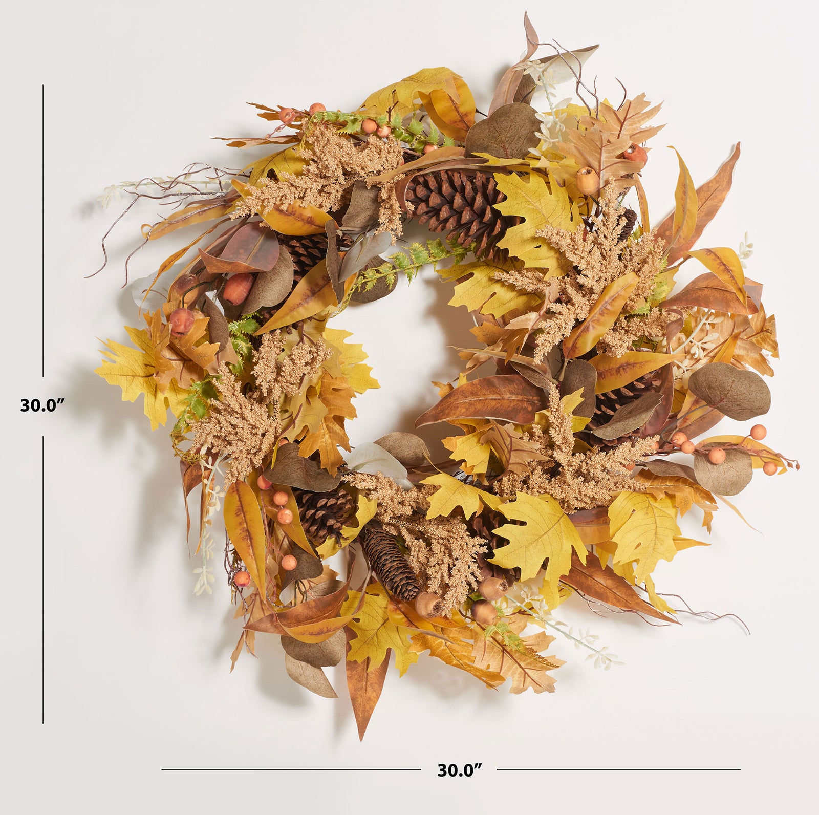 A 30-inch wreath combines warm oak leaves with layered foliage. || FXP1042A || dimension_studio
