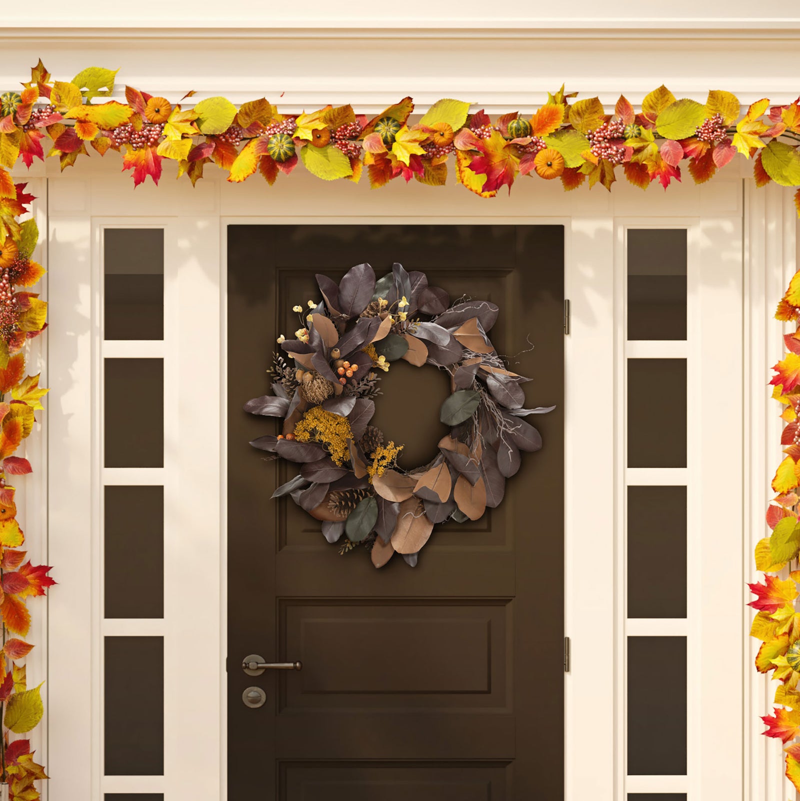 Purple magnolia leaves and golden accents create a moody autumn door accent. || FXP1047A || front_room