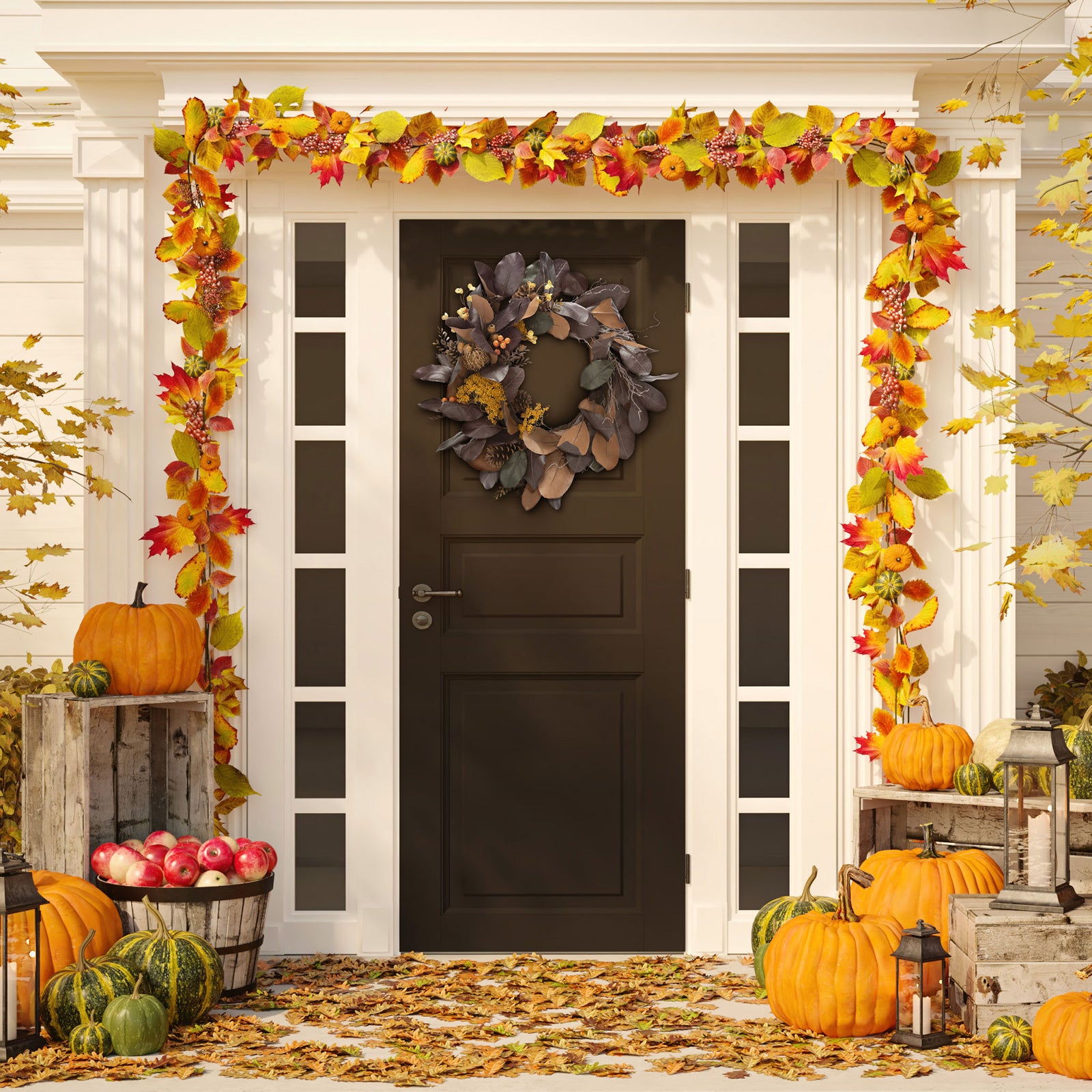 A richly colored magnolia wreath brings autumn warmth to a dark entryway. || FXP1047A || front_room