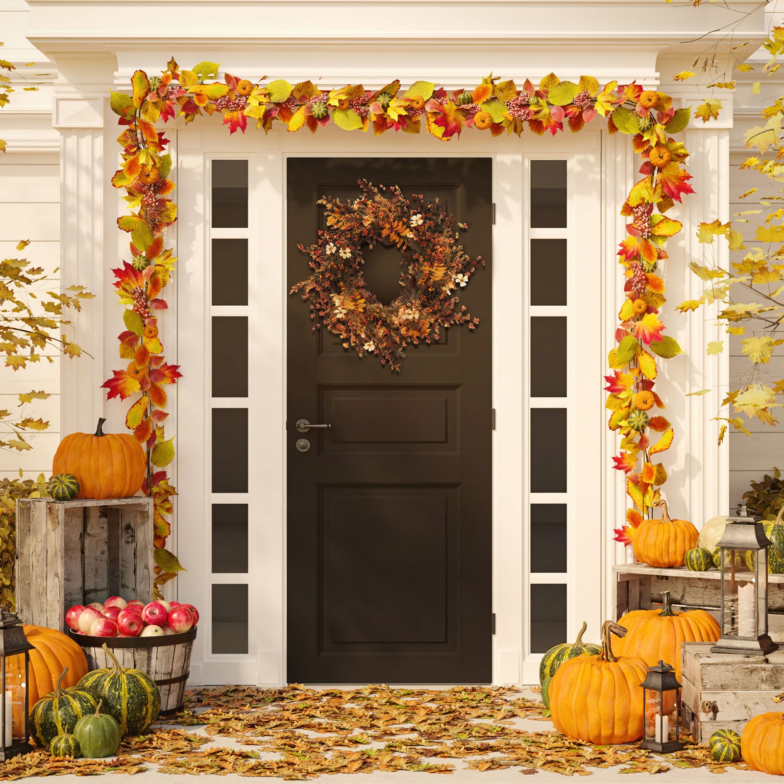 A berry-filled wreath brings vivid harvest color to a seasonal entryway. || FXP1050A || front_room