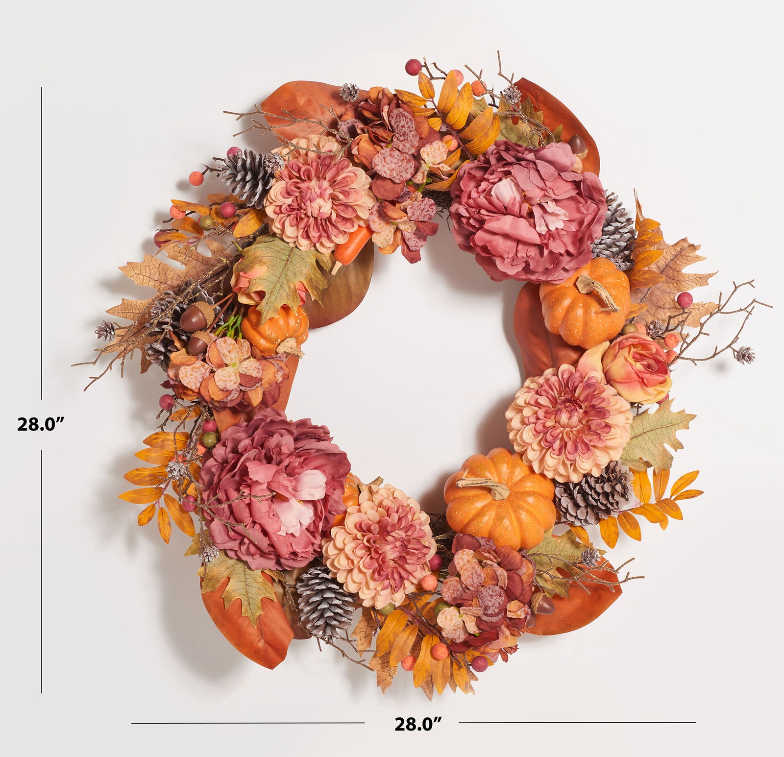 A 28-inch wreath pairs soft peonies with small pumpkins and fall foliage. || FXP1053A || dimension_studio