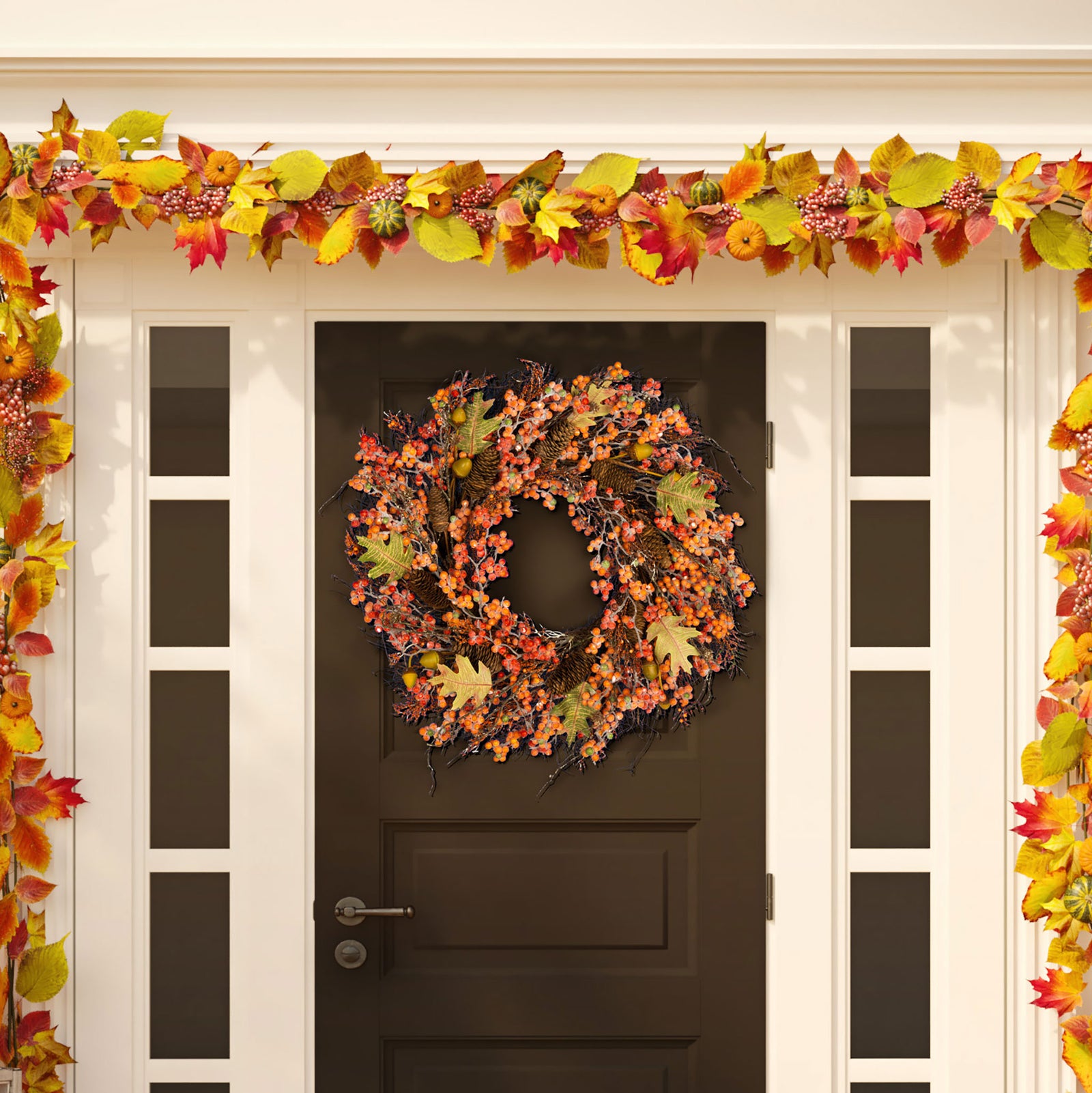 Orange berries, oak leaves, and acorns bring harvest color to an entry door. || FXP1054A || front_room