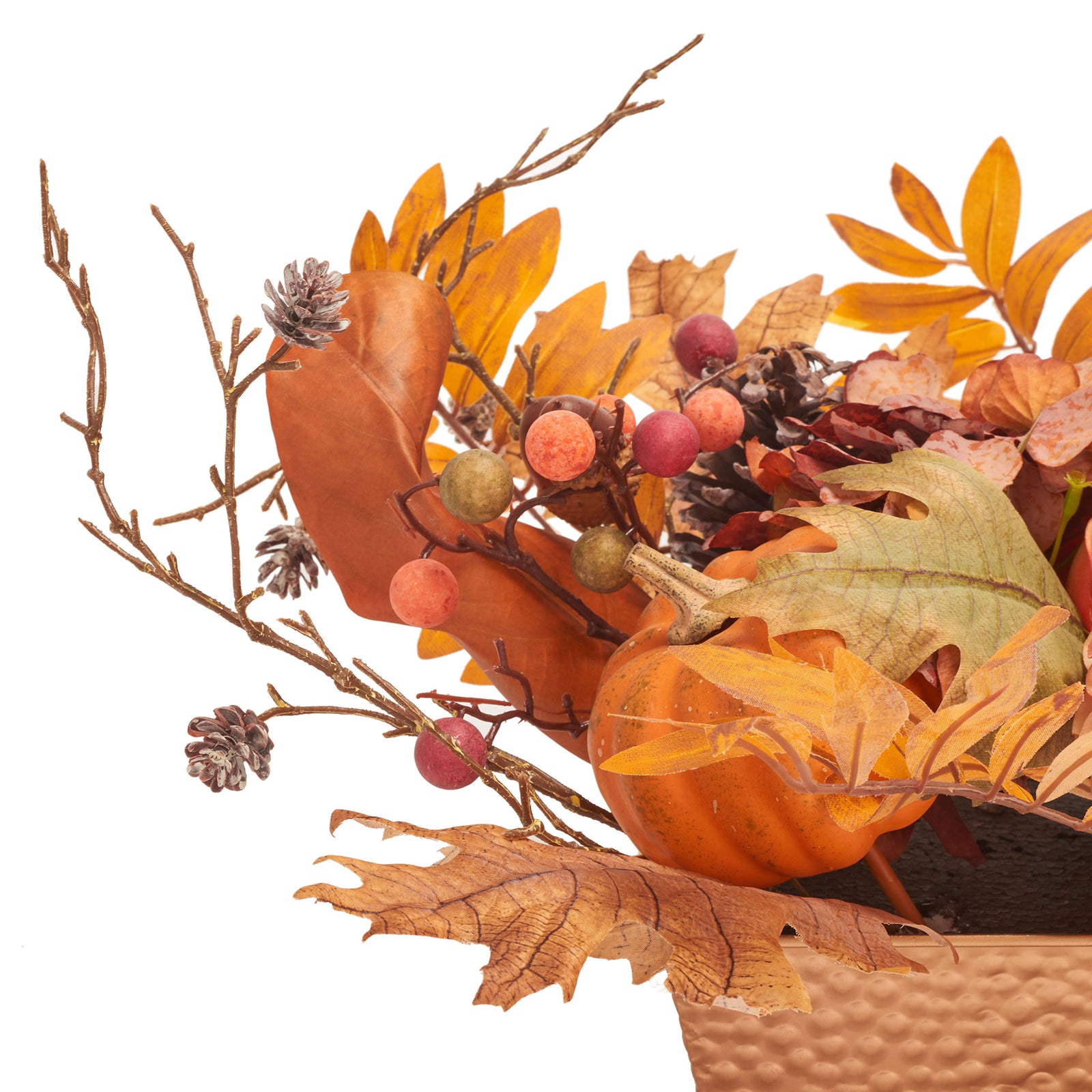 A petite pumpkin sits among berries, pine cones, and orange foliage. || FXP1057A || detail_studio