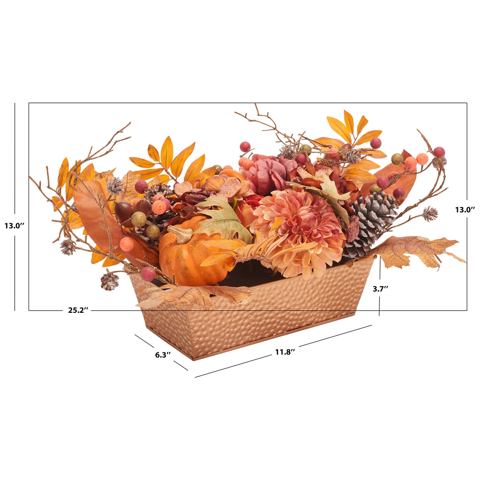 A peony and pumpkin arrangement extends about 25 inches across. || FXP1057A || dimension_studio