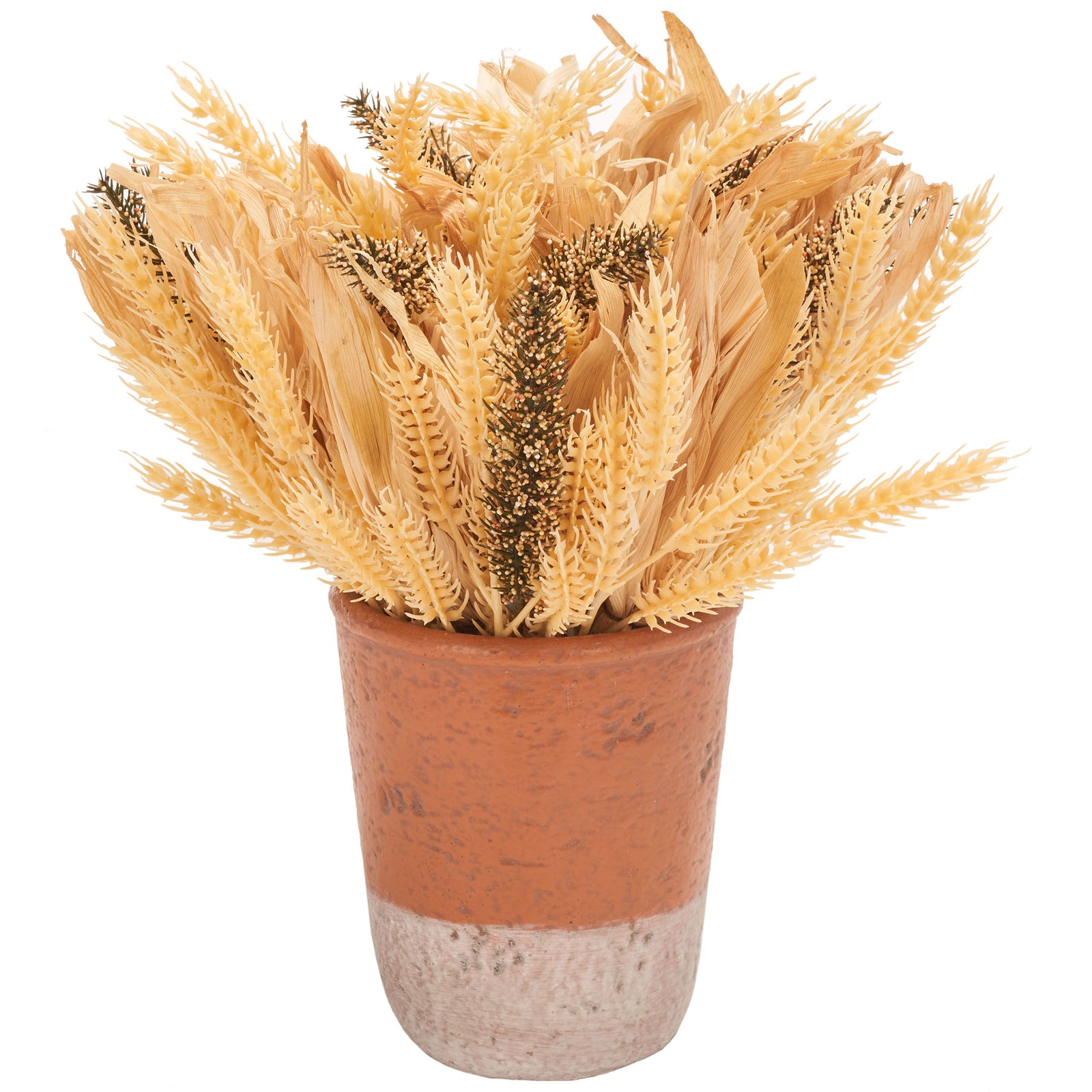 Cream and brown wheatlike stems fill a rustic orange pot. || FXP1059A || front_studio