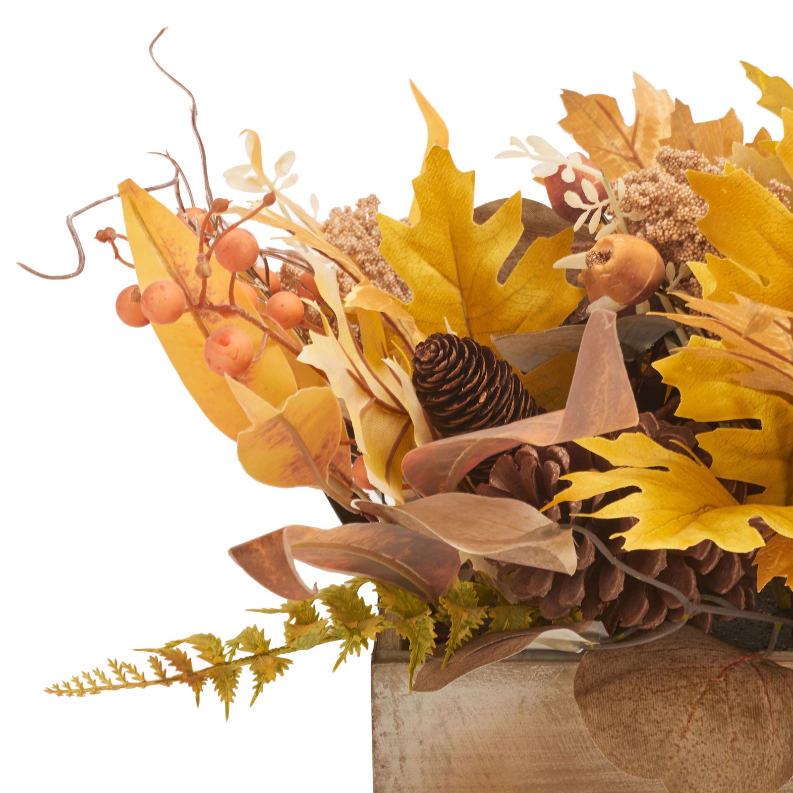 Golden oak leaves and orange berries nestle around a small pine cone. || FXP1063A || detail_studio